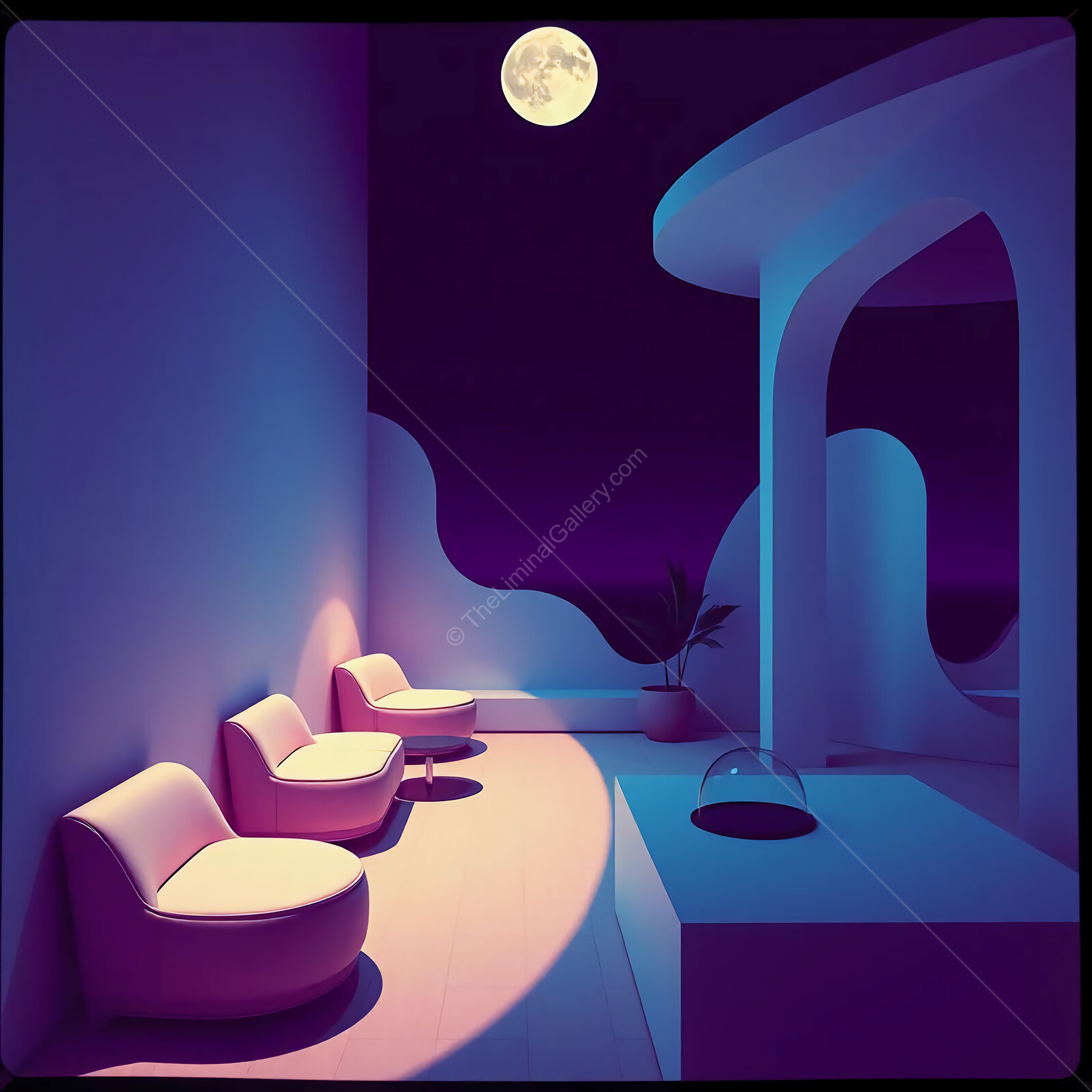 Cozy liminal lounge with soft seating under a glowing moon in a serene evening atmosphere