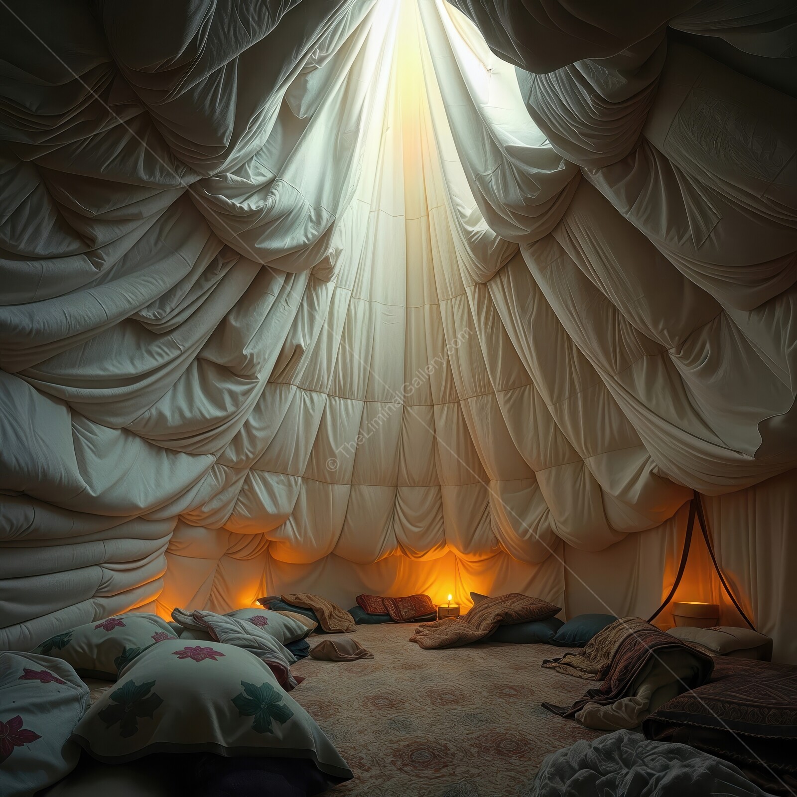 Cozy retreat in a fabric-covered haven with warm ambiance and soft textures at sunset