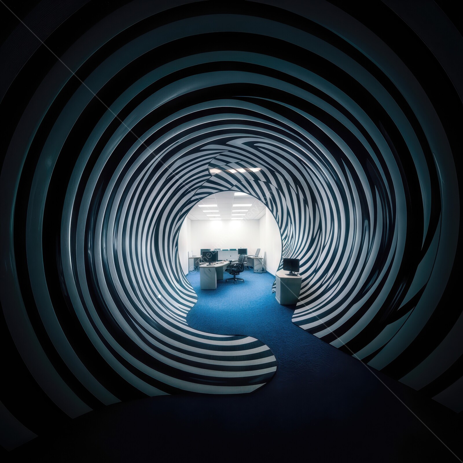 Creative liminal office interior featuring a mesmerizing striped tunnel design in a modern workspace