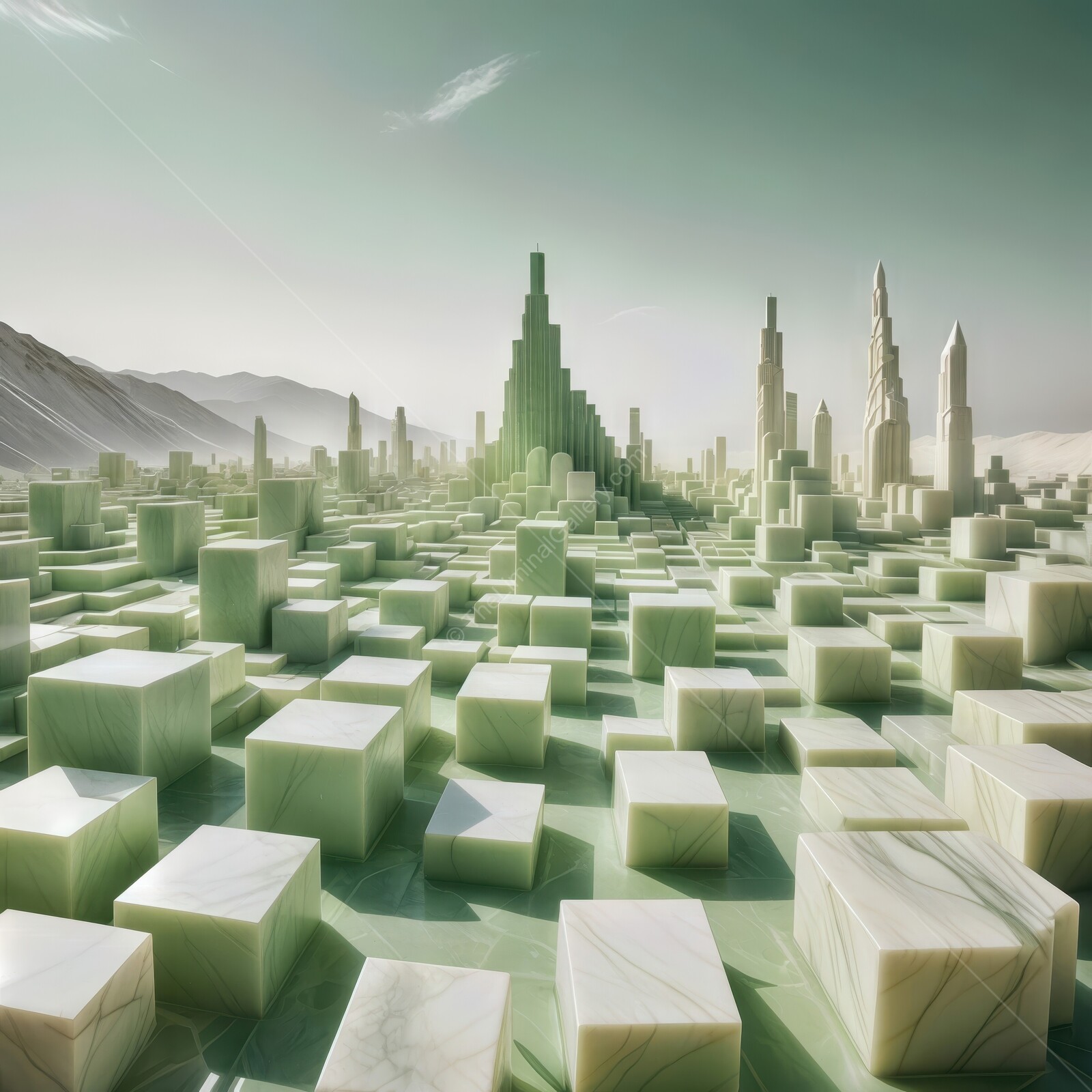 Unique city of crystal-like green marble structures emerges in a surreal landscape under a bright sky