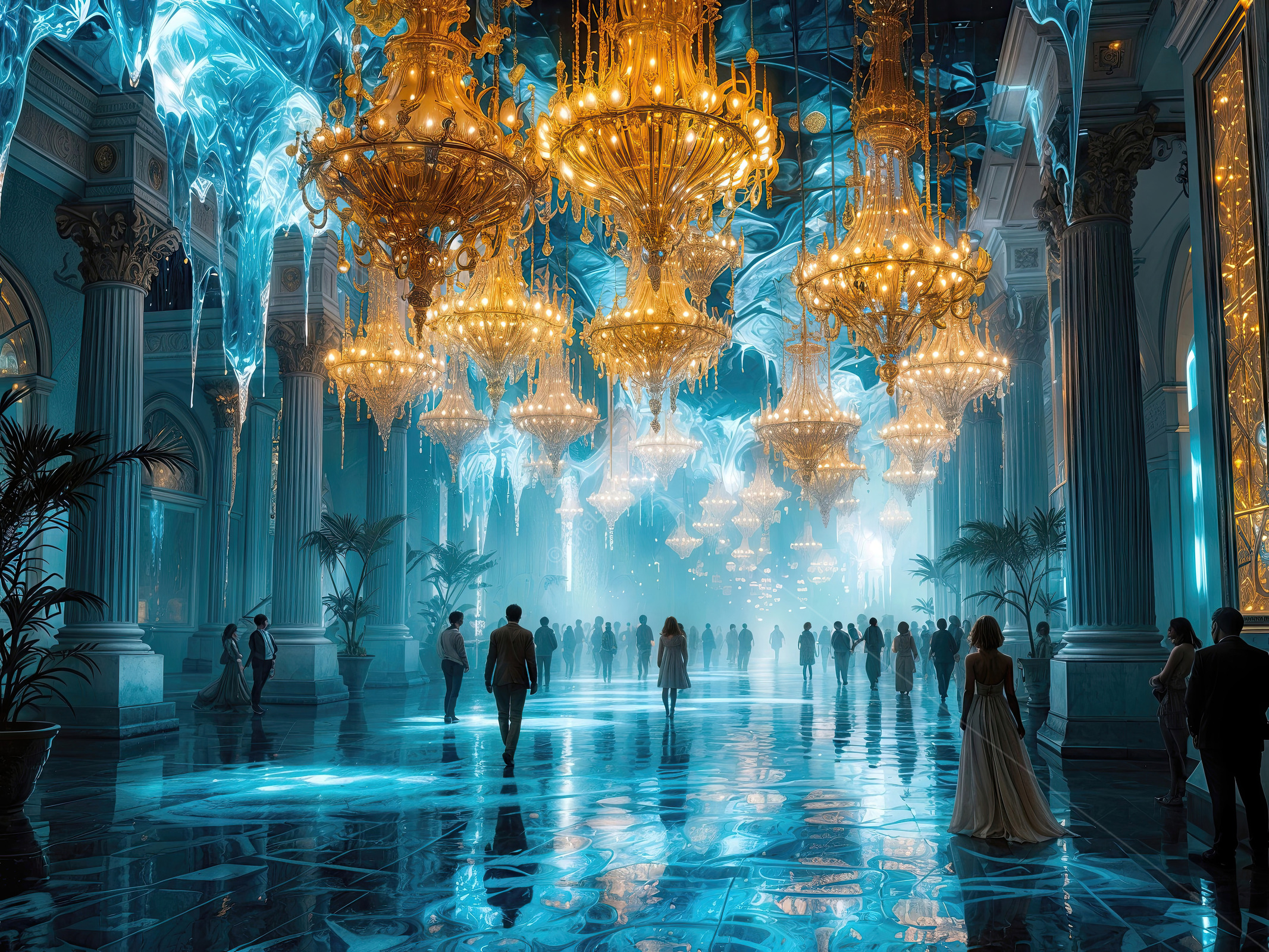 Opulent ballroom glitters beneath crystal lights, ethereal blue glow washing over polished floors as guests revel in a night of elegance, music, and celebration