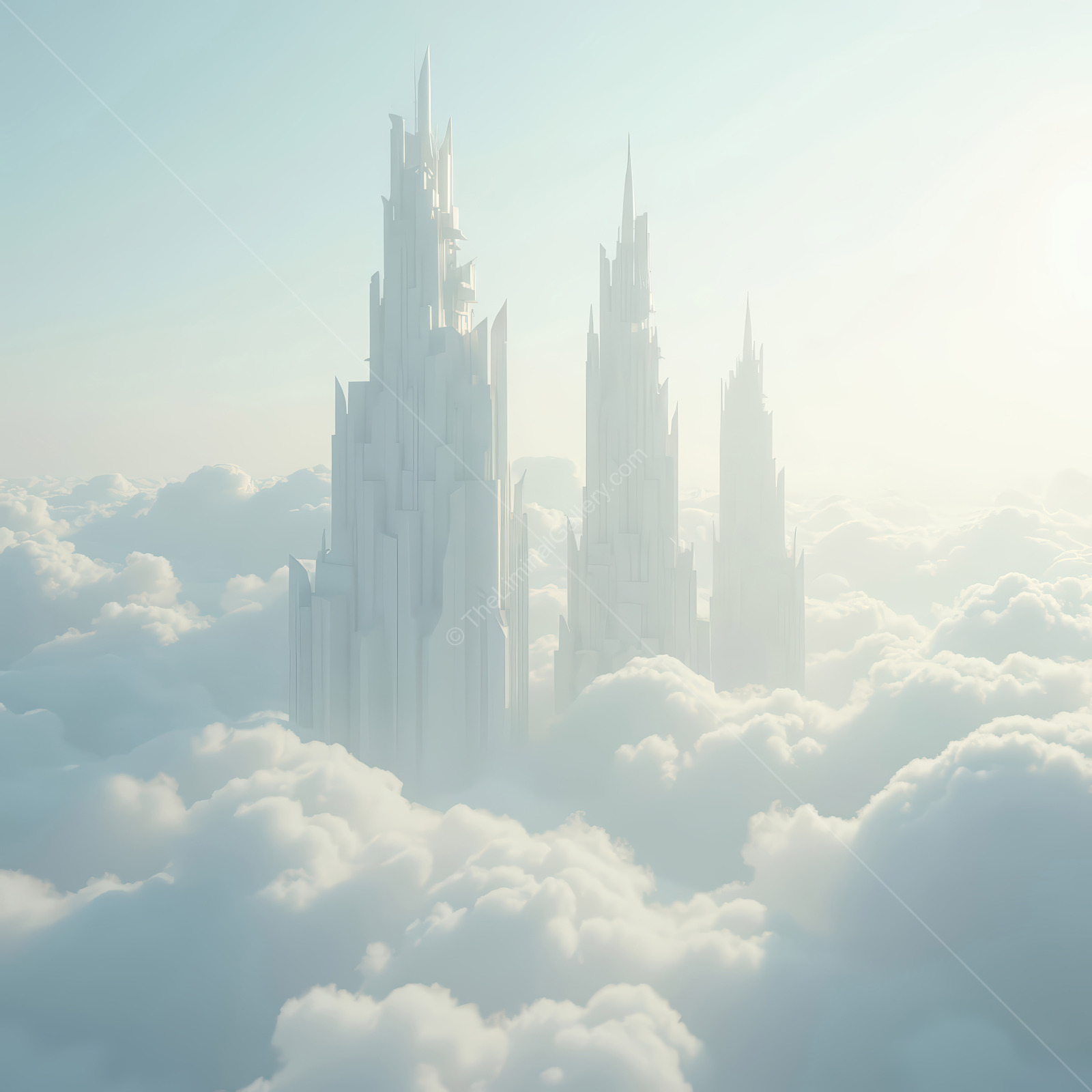Crystal spires soar above cotton clouds, morning sun glinting on their facets to create an extraordinary skyscape that sparks admiration and boundless imagination