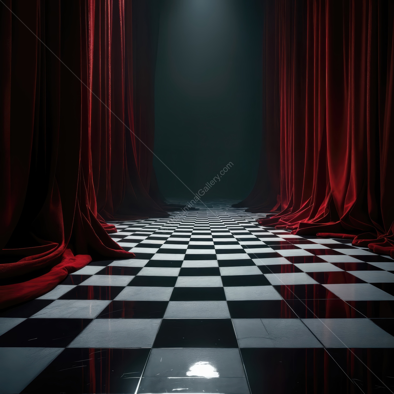 Exploring the eerie beauty of a liminal space with curtains and checkered flooring at twilight