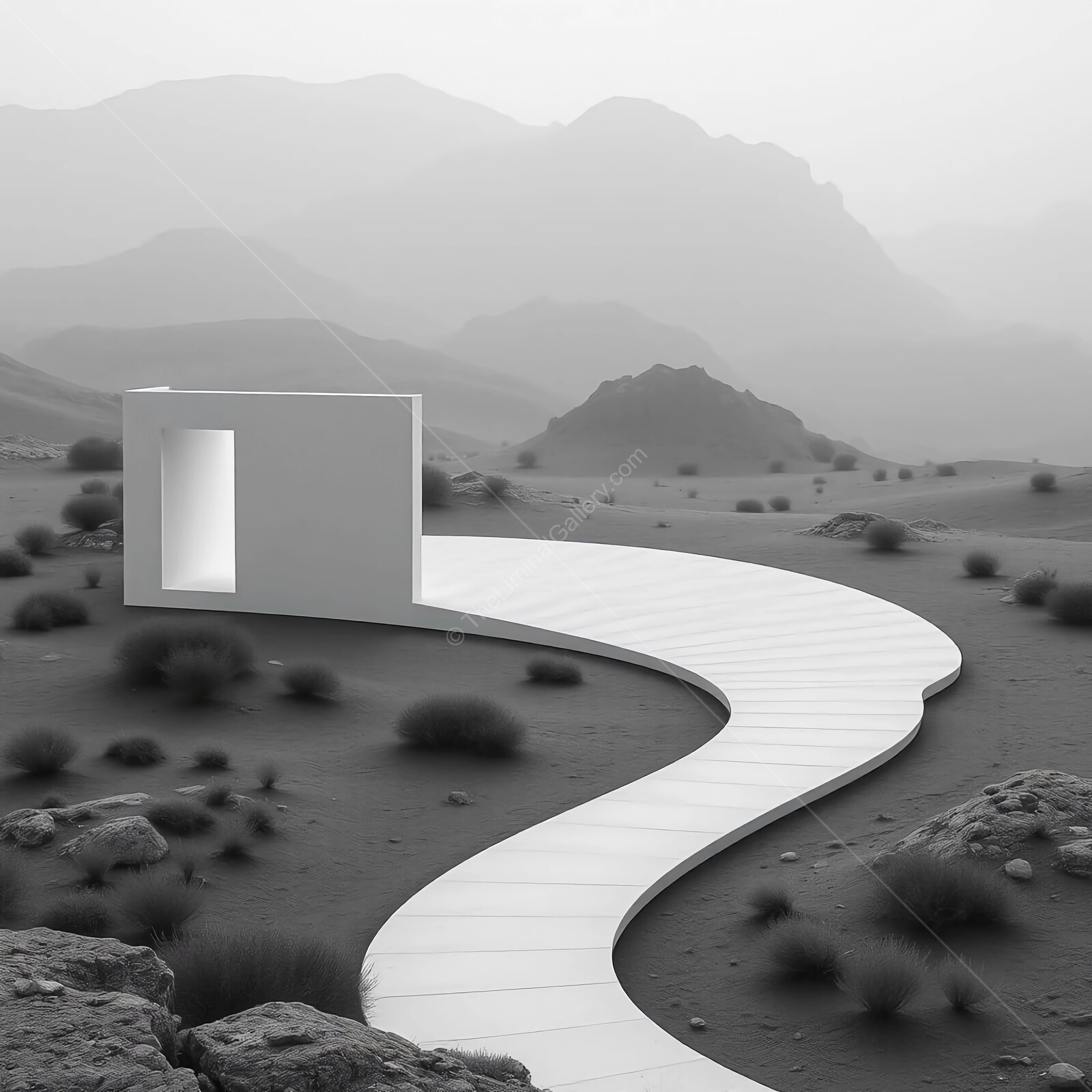 Curved pathway leads to a minimalist structure in a serene desert landscape at dawn