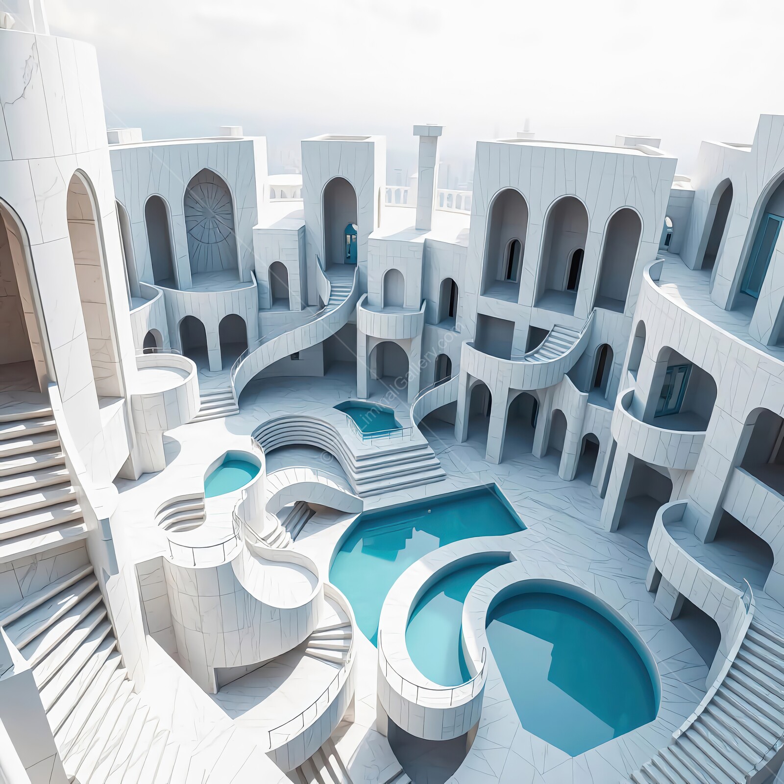 Majestic liminal labyrinth of curved pools and elegant staircases in a sunlit architectural wonder