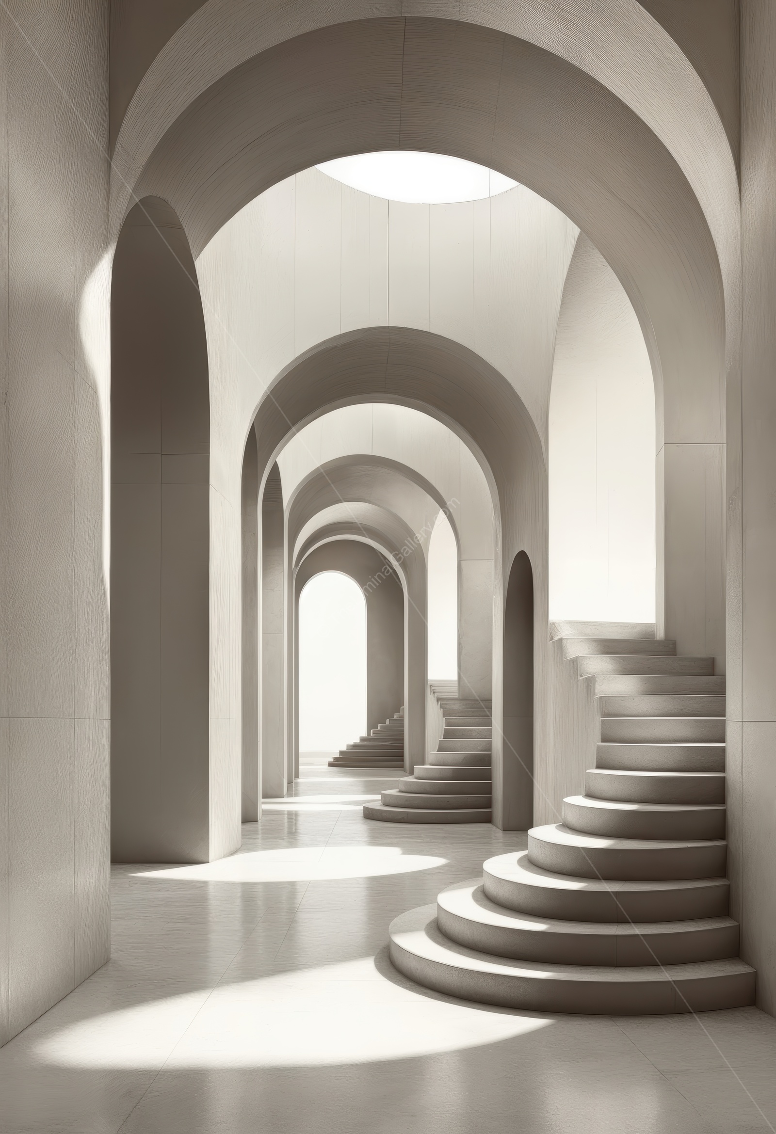 Liminal sanctuary of curved staircases and radiant archways bathes in streaming daylight, merging design elegance with soothing tranquility for the senses