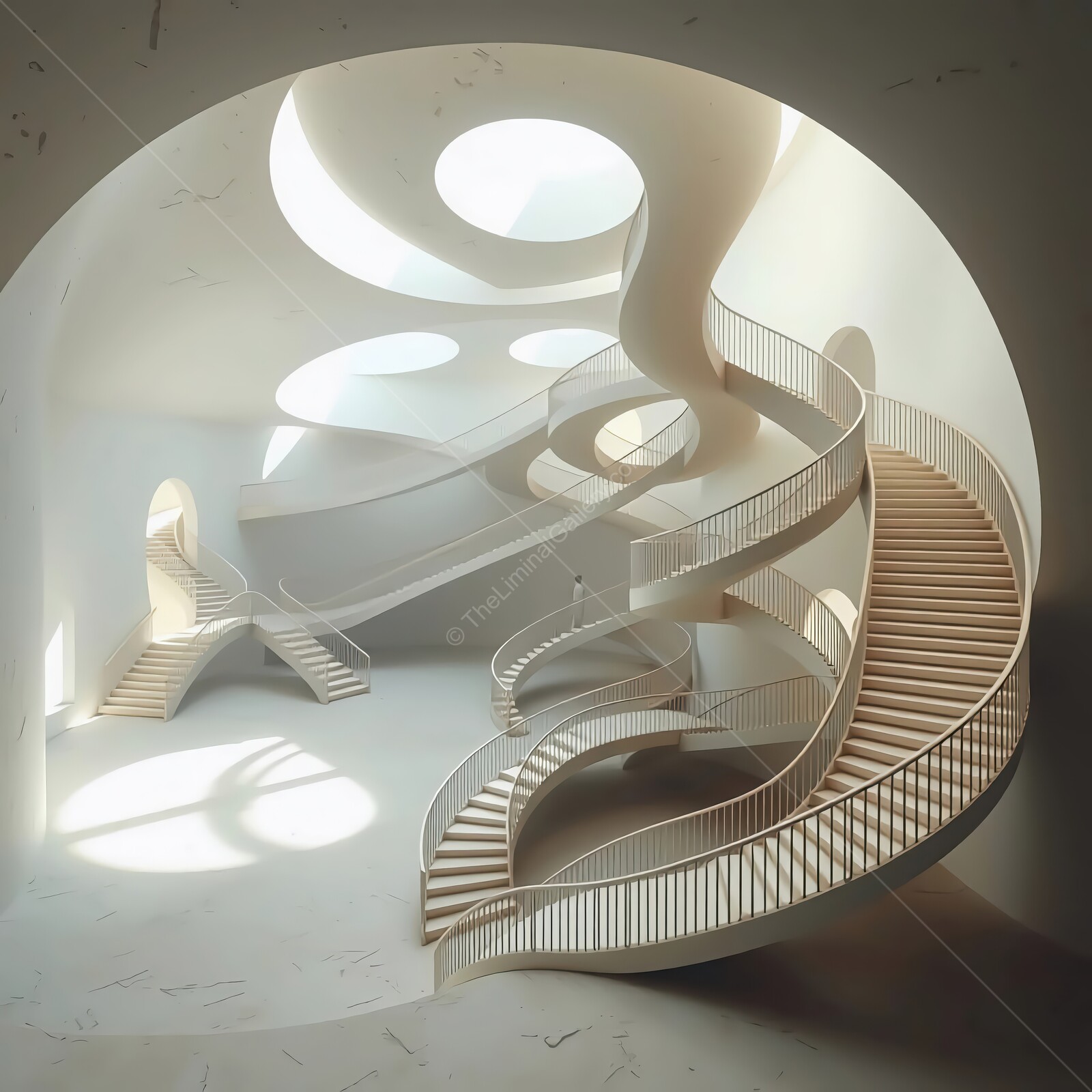 Curved liminal staircases dance through an airy, modern structure filled with soft light and intriguing shapes