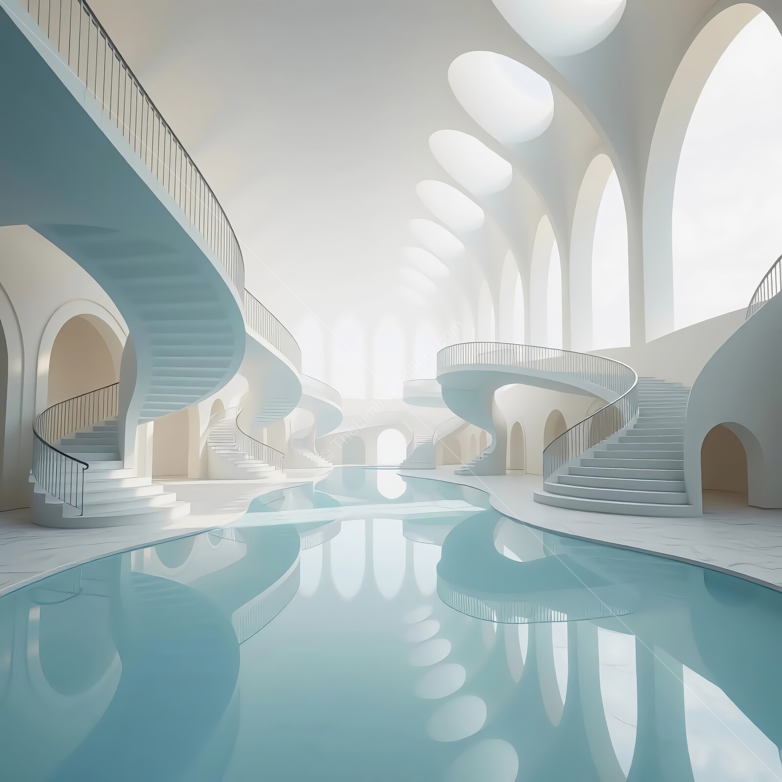 Elegant curves and serene reflections in a modern liminal architectural marvel by the water at dawn