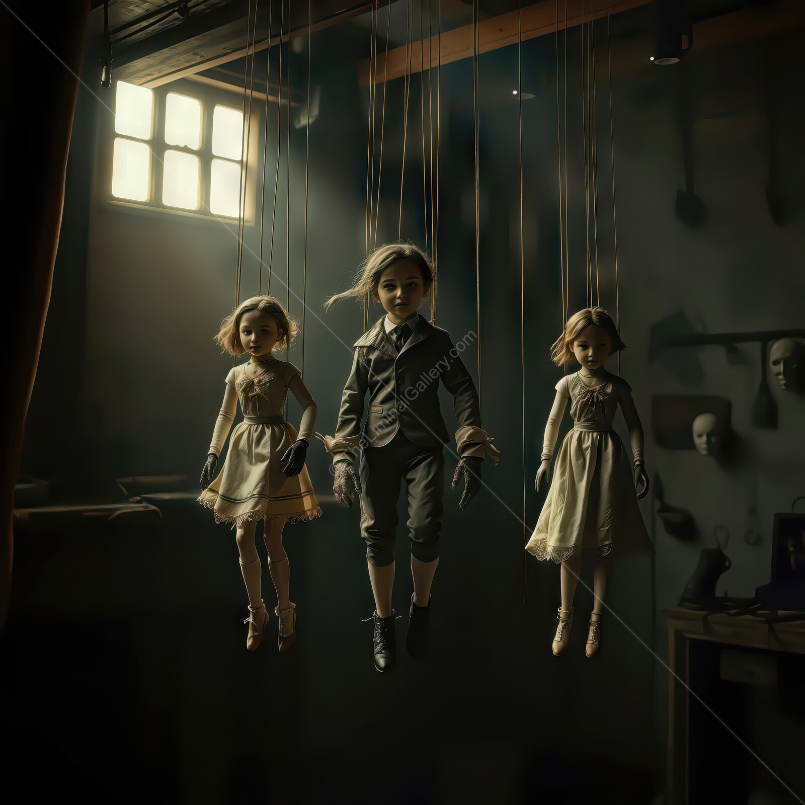 Dark and mysterious marionettes hanging in an abandoned workshop, illuminated by soft light from dusty windows