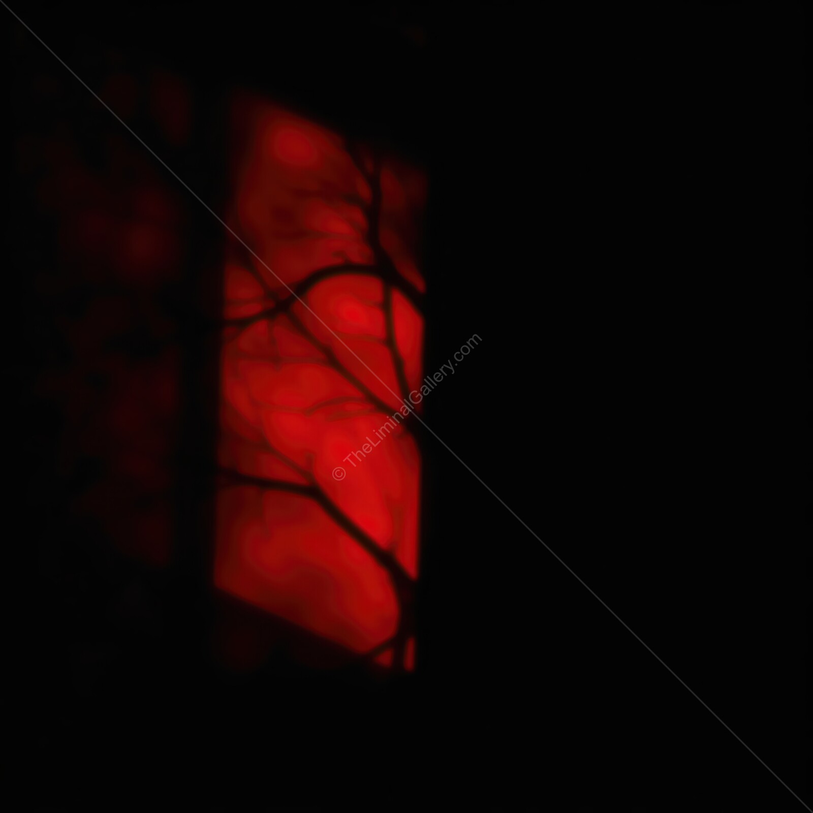 Dark night illuminated by eerie red light and shadowy tree branches outside the window