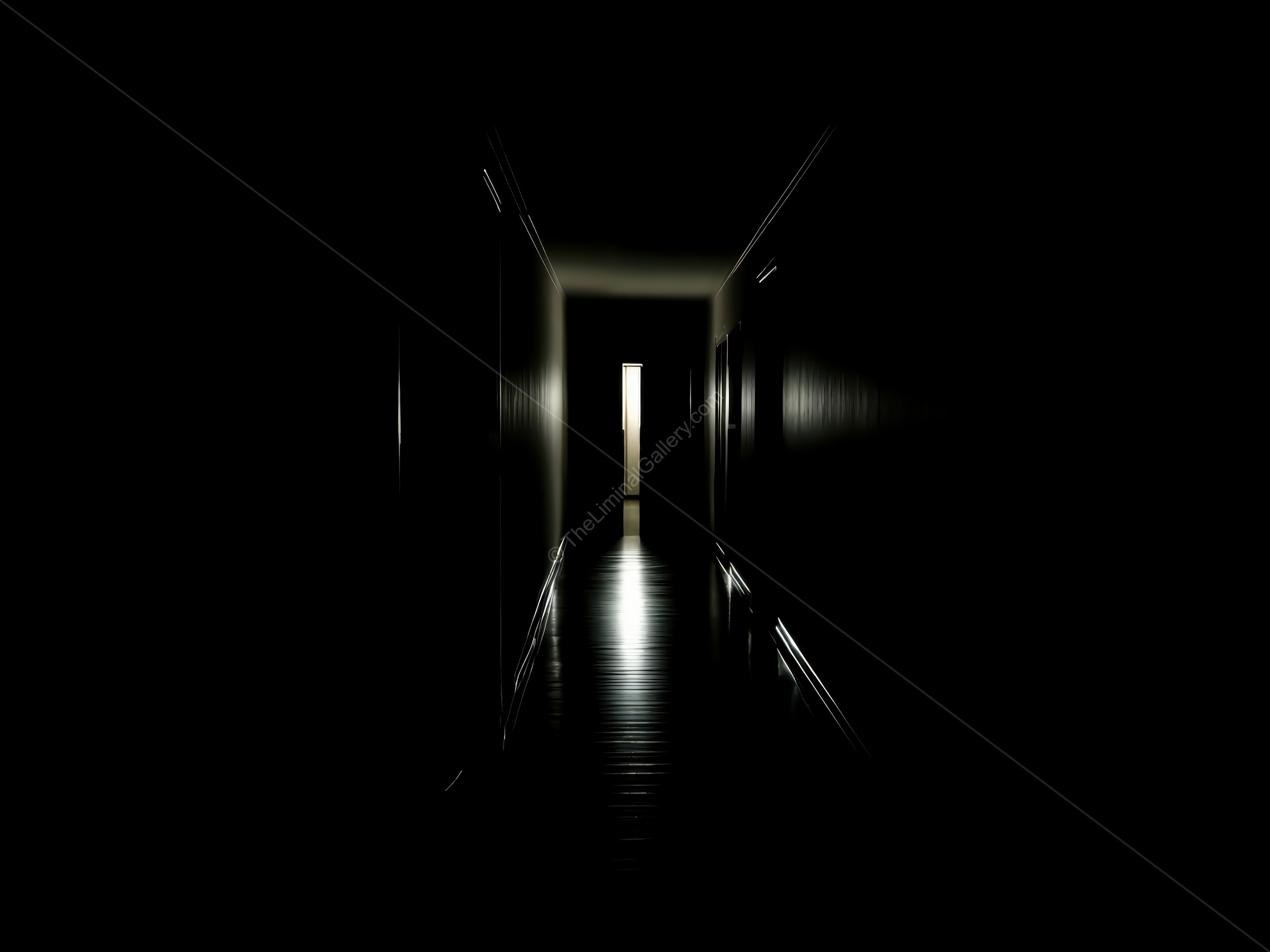 Exploring the eerie stillness of a dimly lit corridor leading to a mysterious doorway