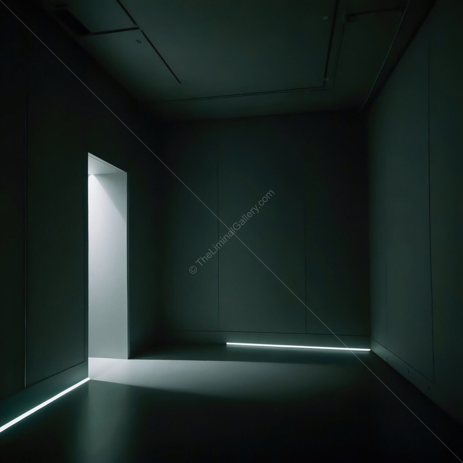 Dimly lit room with a subtle glow highlighting an open door and illuminated floor