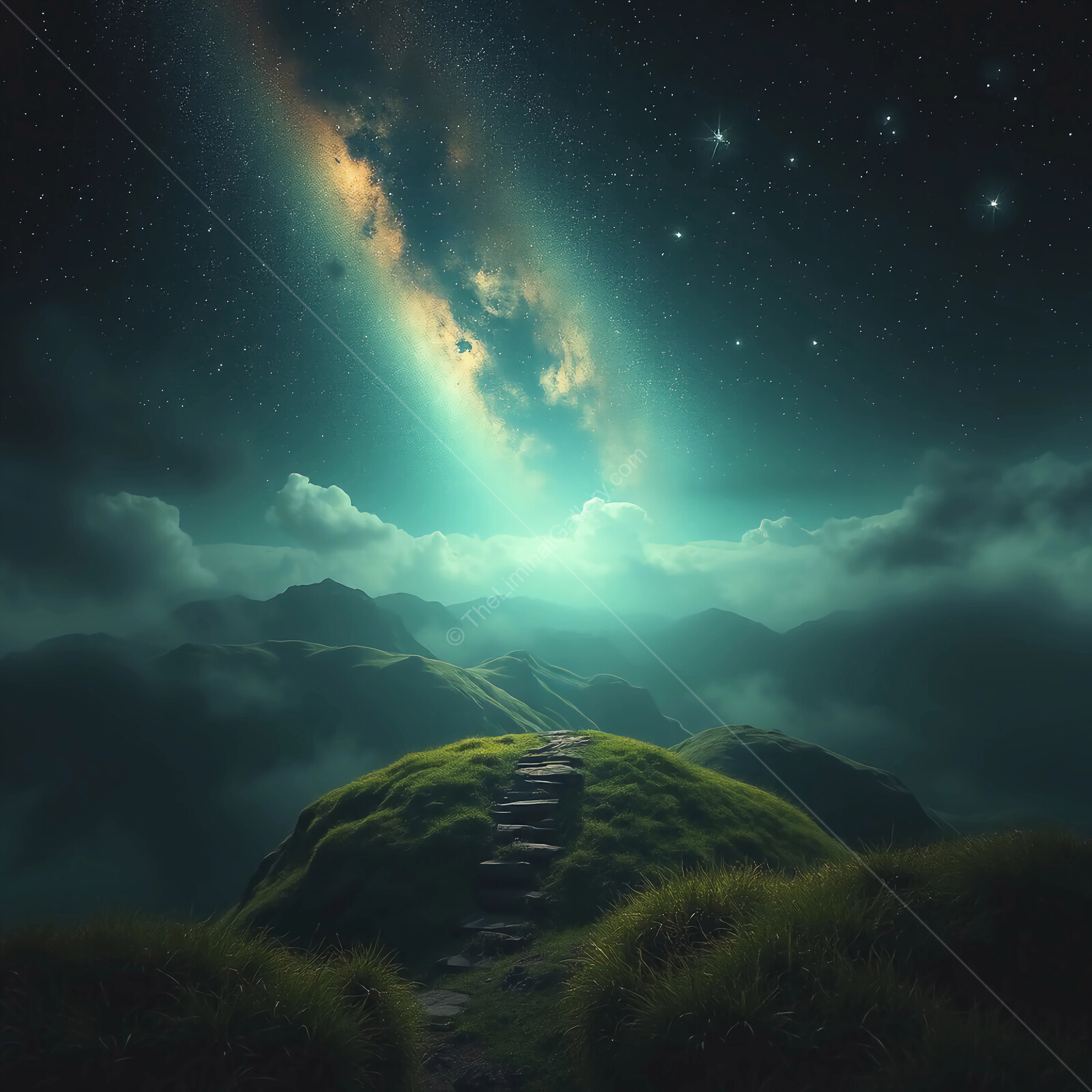 Discovering a mystical pathway under a starry sky in a serene mountain landscape