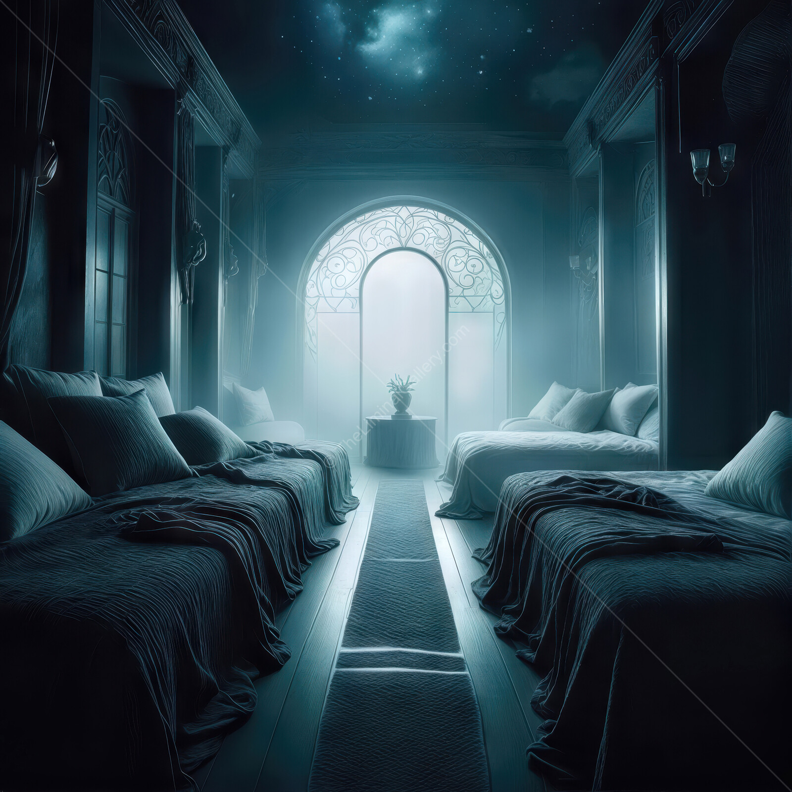 Mystical tranquility fills a serene room with soft beds as moonlight dances through an ornate archway