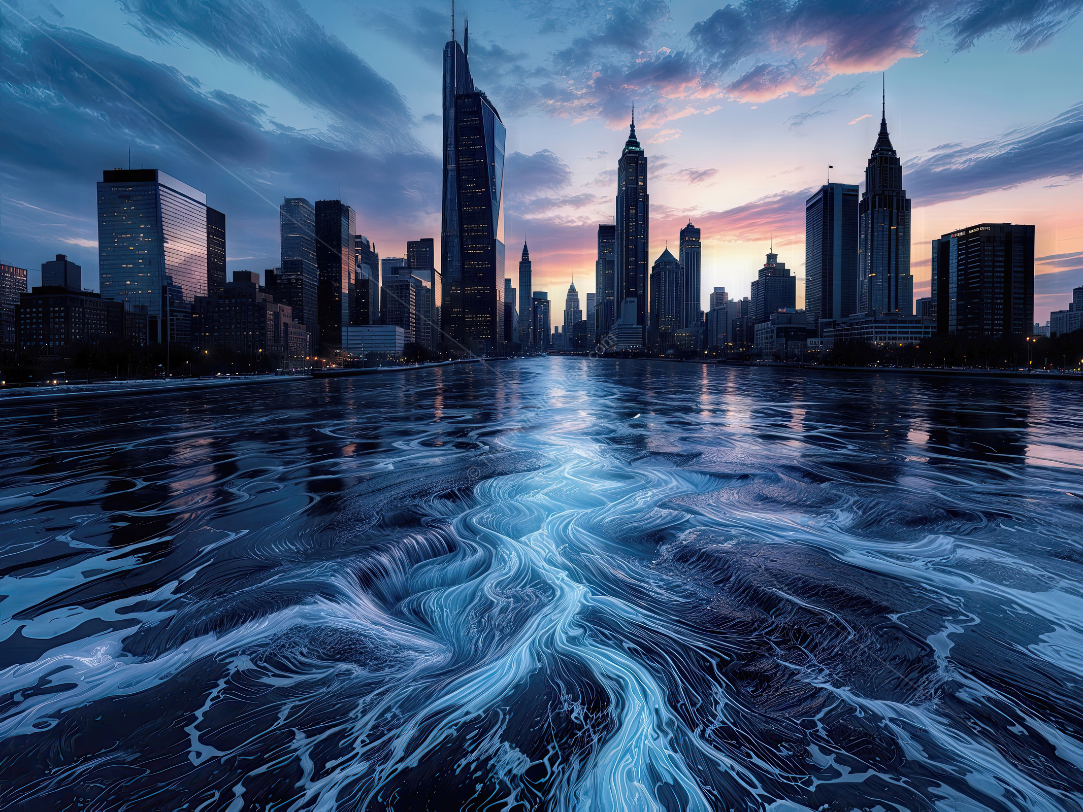 Dusk drapes skyline in vibrant color, shimmering waters mirroring city lights to craft enchanting panorama where twinkling reflections meet evening serenity