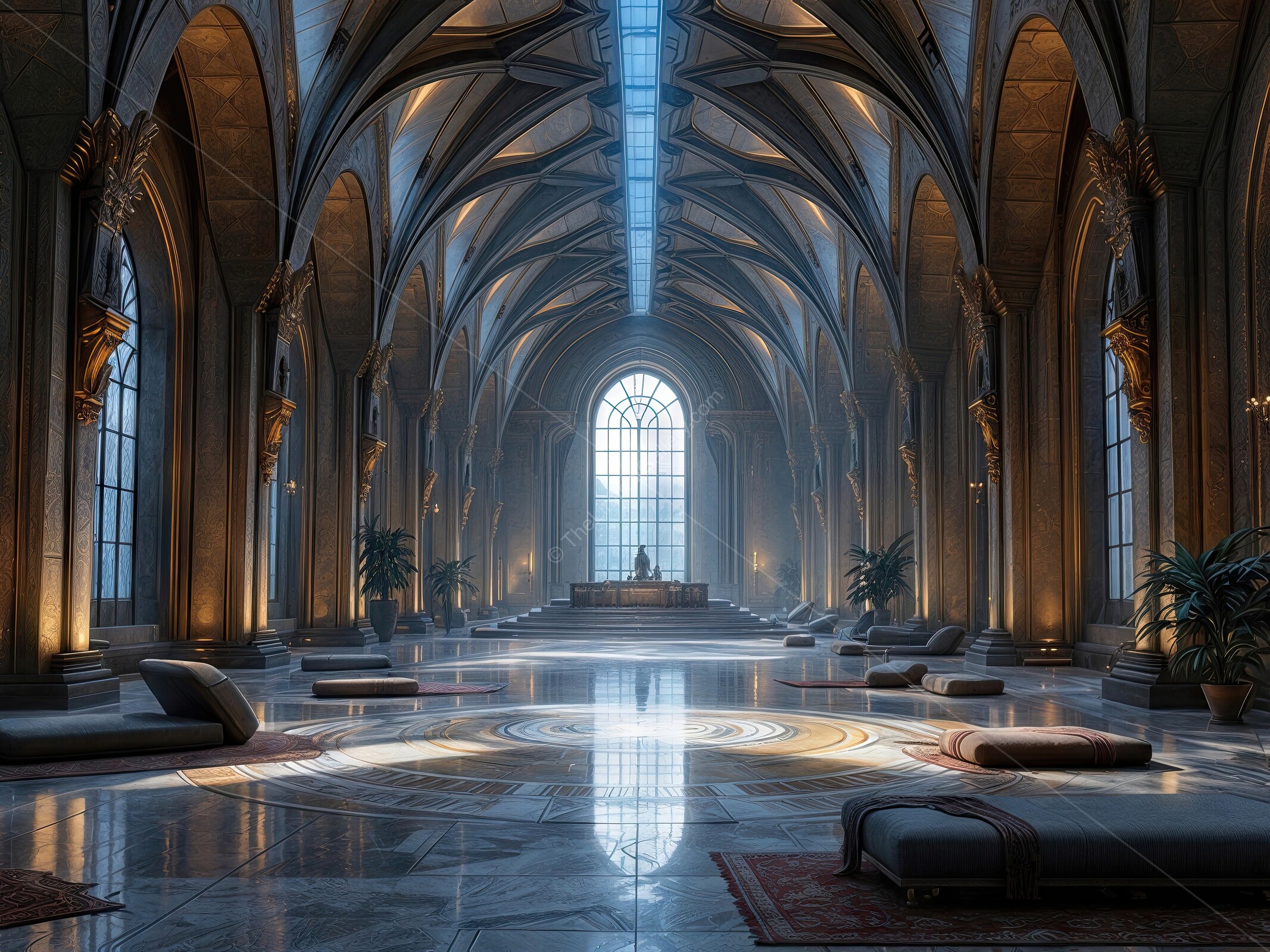 Liminal grand hall, awash in early light, reveals intricate detailing and soaring arches, offering a serene sanctuary that inspires reverence, art appreciation and quiet pause