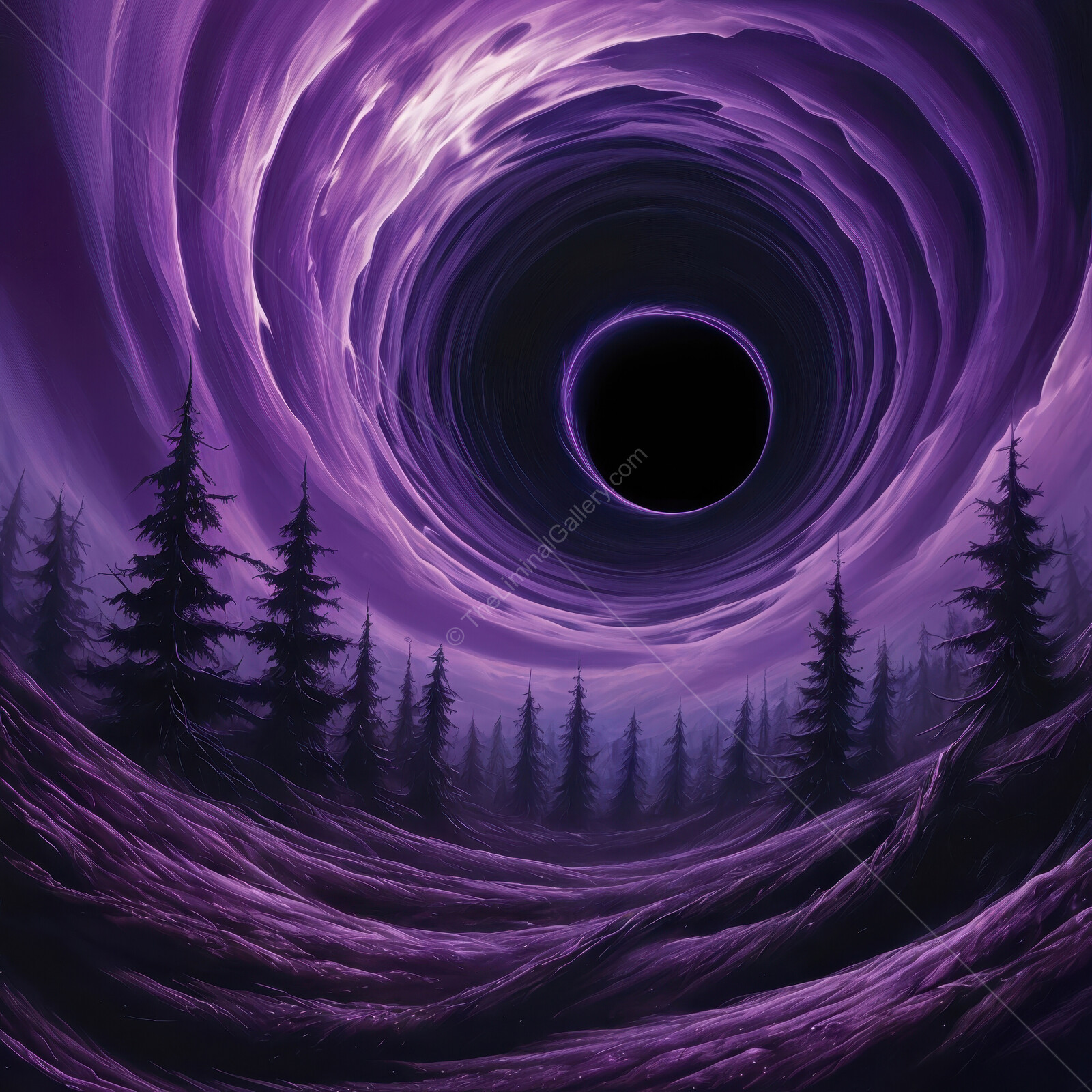 Eerie cosmic vortex looms above a dark forest bathed in purple light