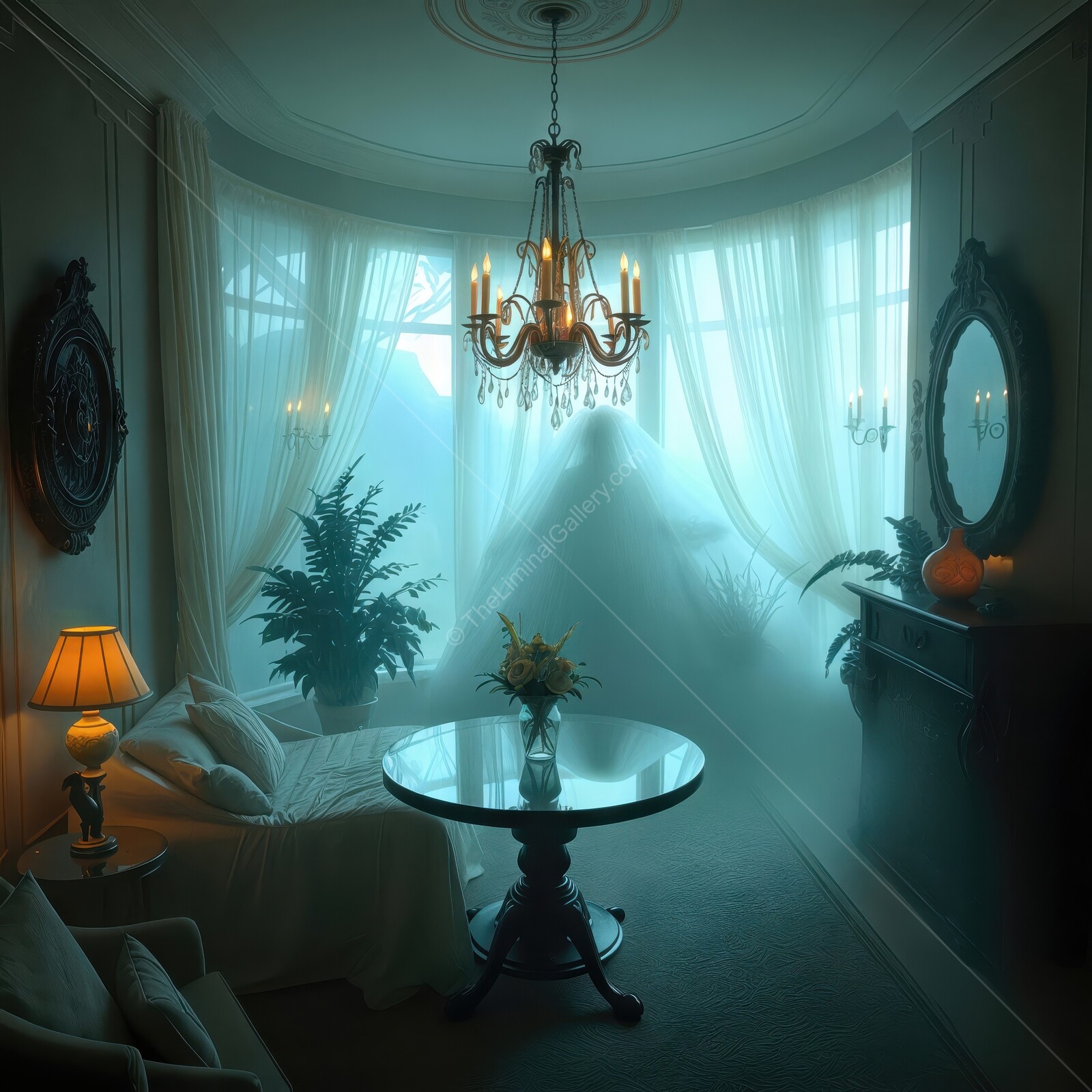 Eerie elegance of a misty room with soft candlelight and decorative plants