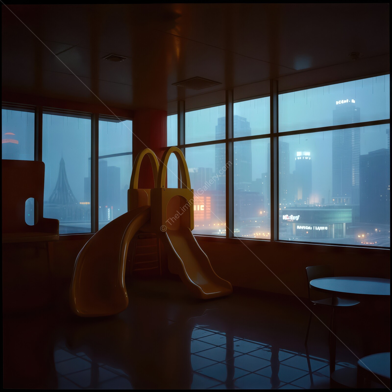 Evening rain creates a melancholic mood in a liminal deserted play area of a fast food restaurant