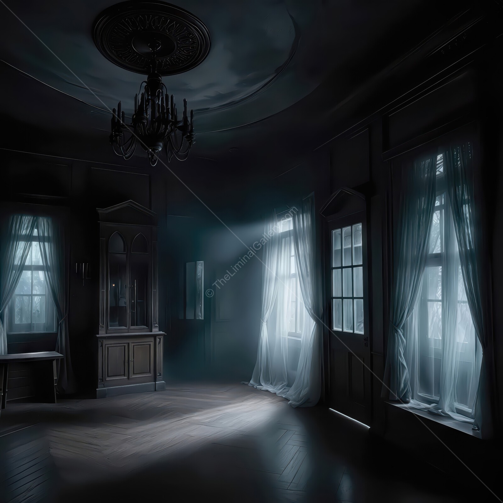 Eerie shadows dance in an abandoned room bathed in ghostly light of a forgotten past