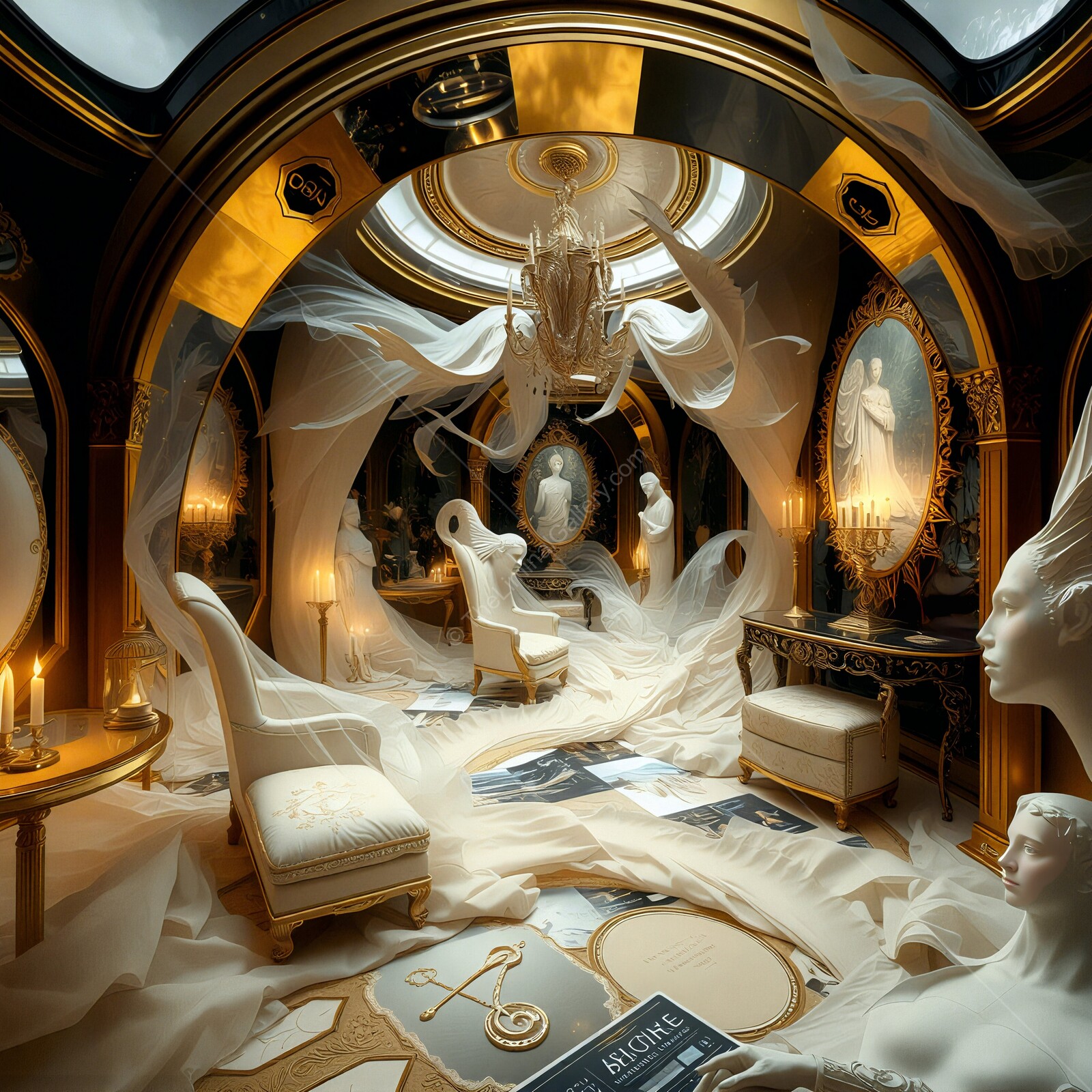 Elegant artistry blends with ethereal fabric in a lavishly designed interior space