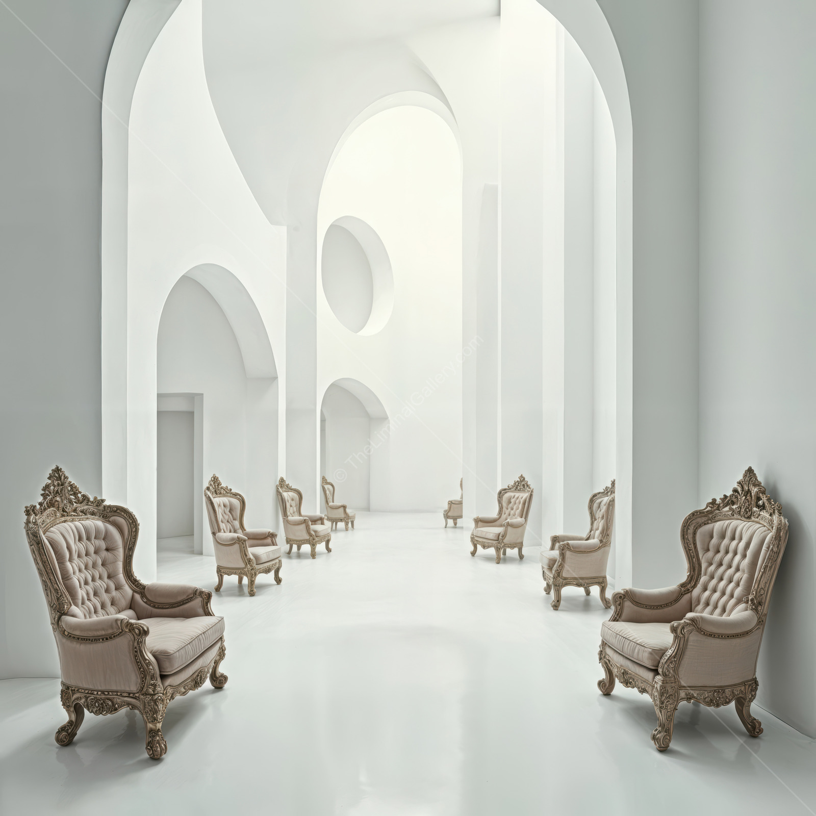 Elegant hallway adorned with ornate chairs reflects timeless beauty and architectural simplicity, inviting contemplation and inspiration in a serene environment