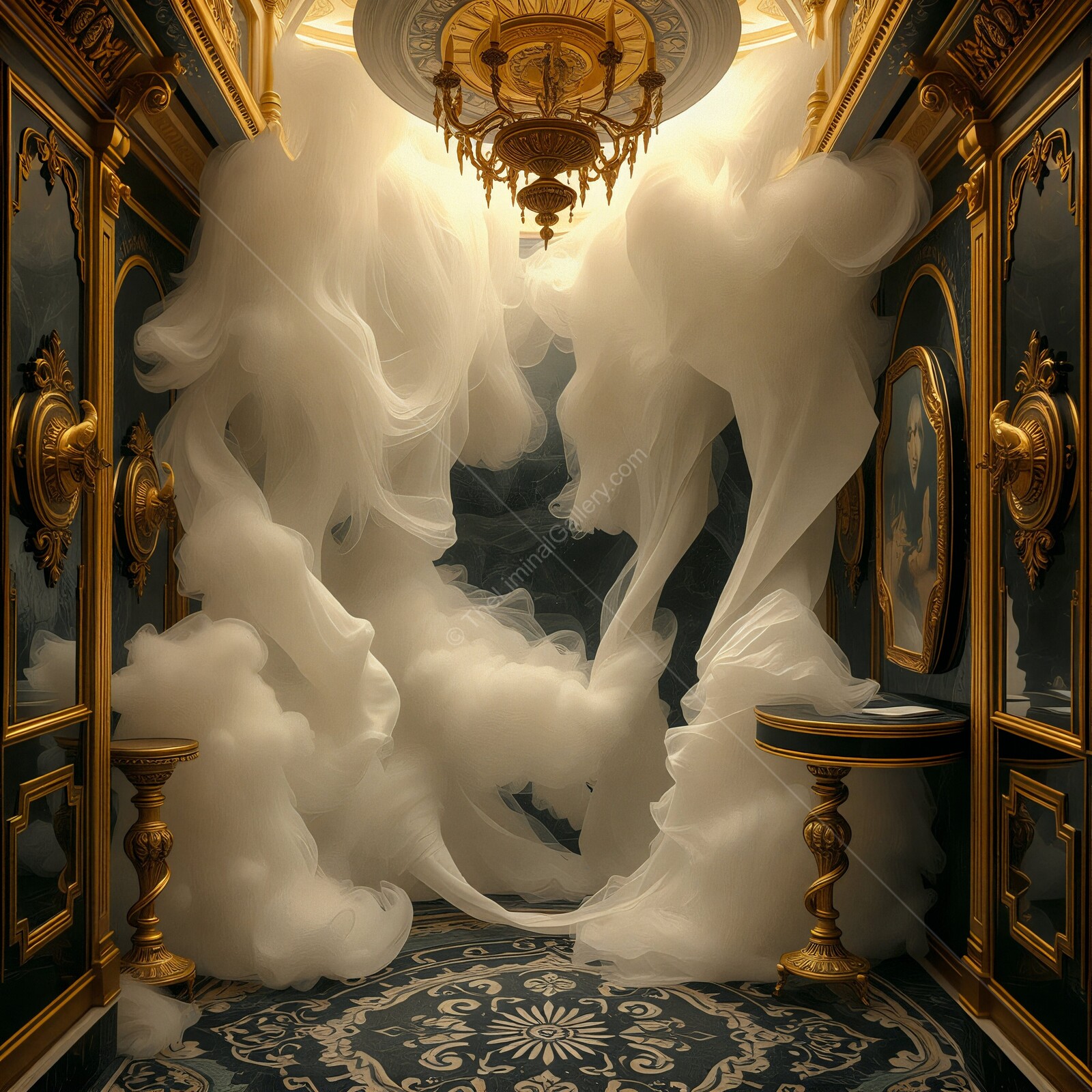 Whispers of elegance and mystery in a luxurious hallway adorned with ethereal fog