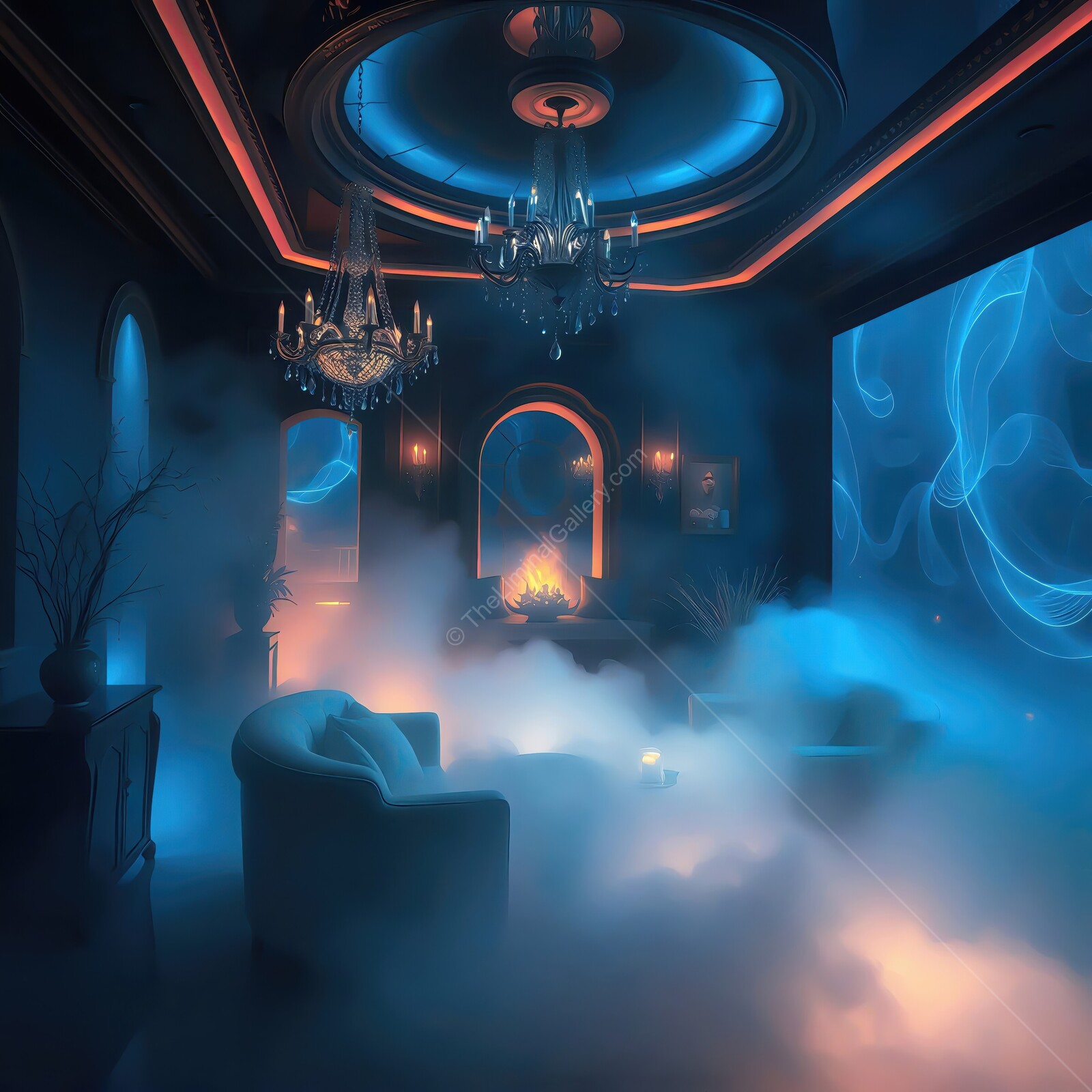 Elegant room with ethereal blue fog and soft lighting, creating a tranquil atmosphere for relaxation