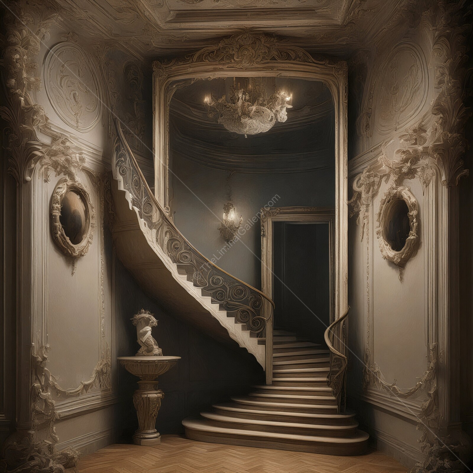 Elegant staircase adorned with intricate details in a timeless interior setting at dusk