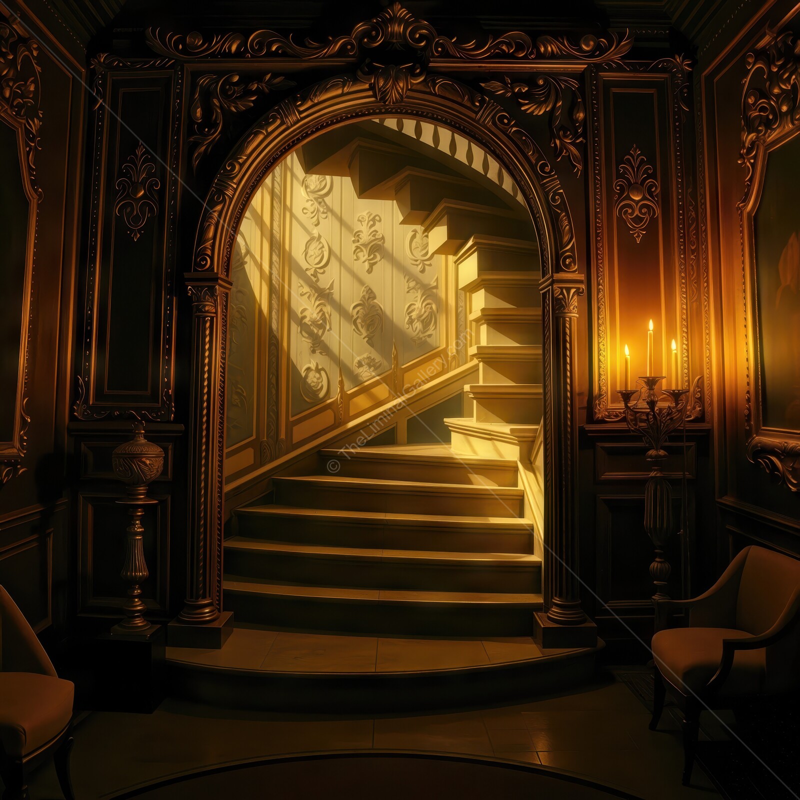 Elegant staircase illuminated by soft light in an ornate historic interior