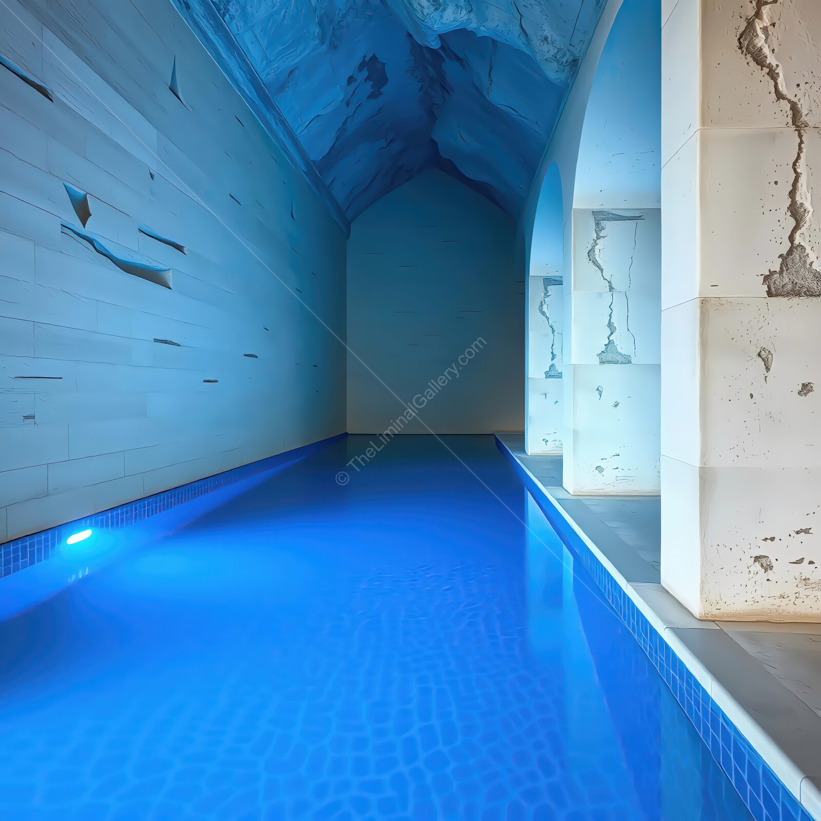 Serene luxury in an elegant underground pool with captivating blue waters and majestic stone architecture