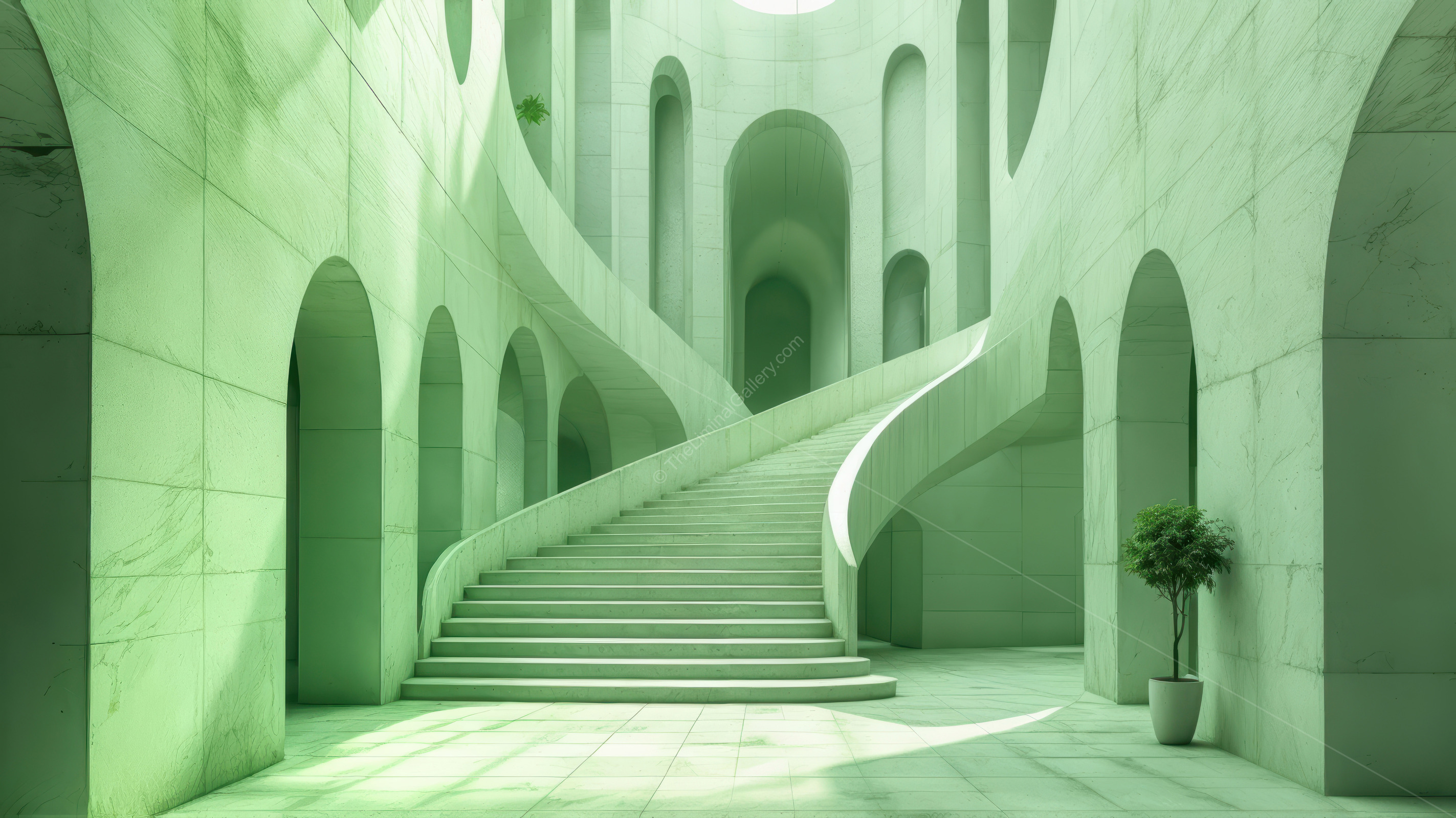 An emerald-lit, liminal sanctuary wraps a spiral stair in lush foliage, inviting visitors to pause within the hushed harmony of architecture and nature