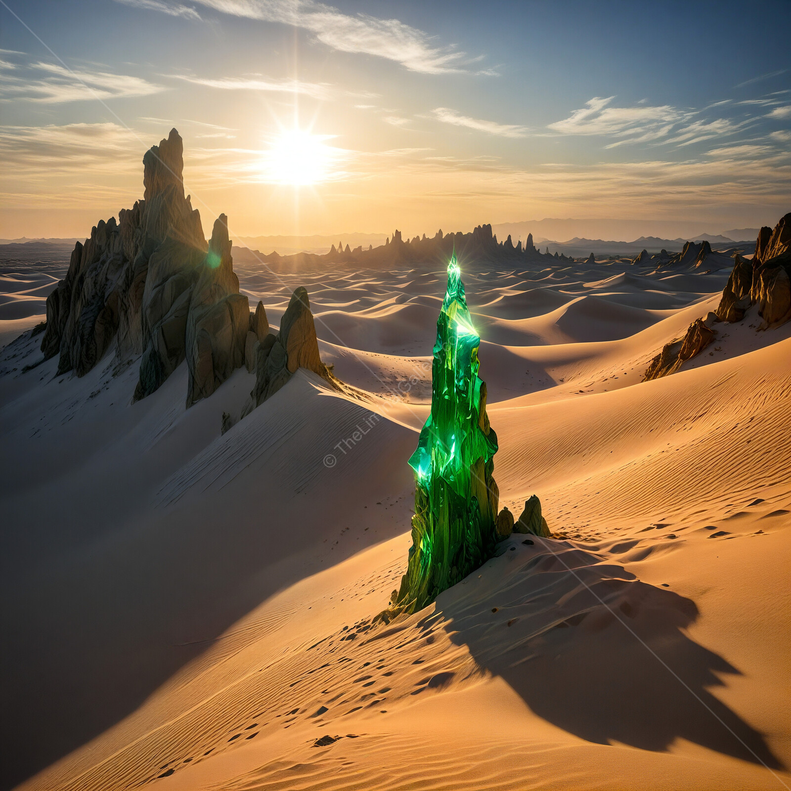 Emerald obelisk rises amidst golden sands at sunset in an otherworldly desert landscape