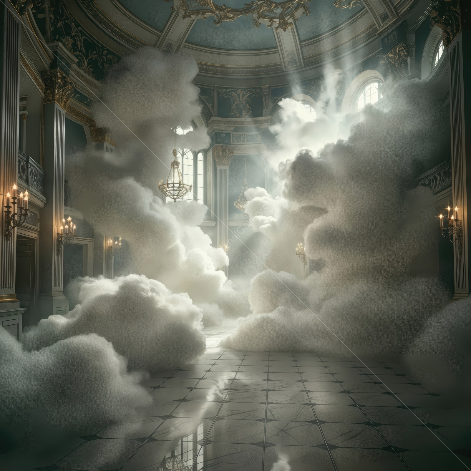 Dreamy light breaks through ethereal clouds in a grand, empty hall during twilight hours