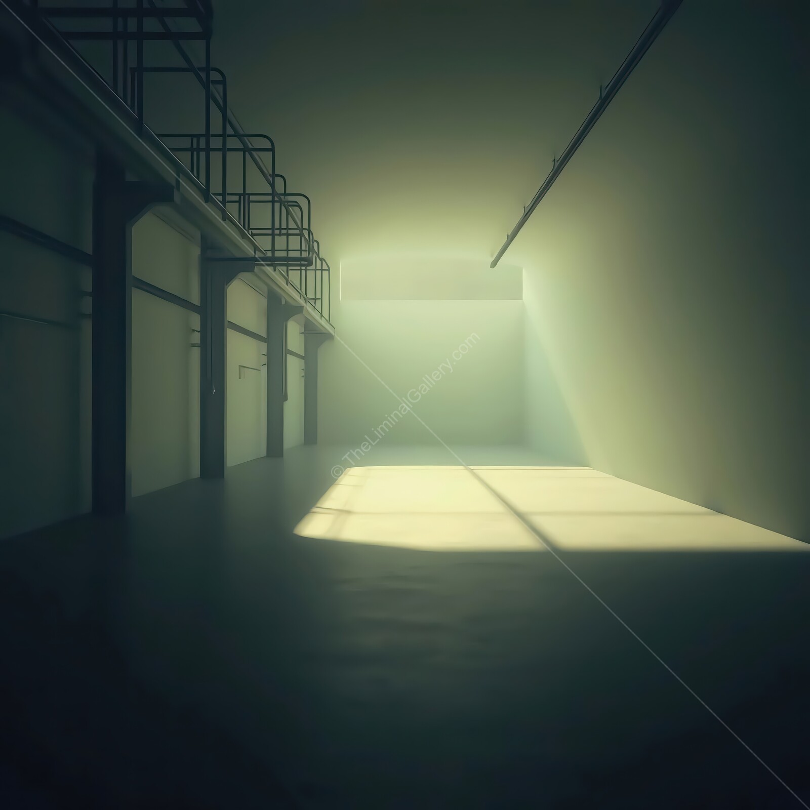 Light filters through an empty industrial space, creating an ethereal atmosphere in the early morning