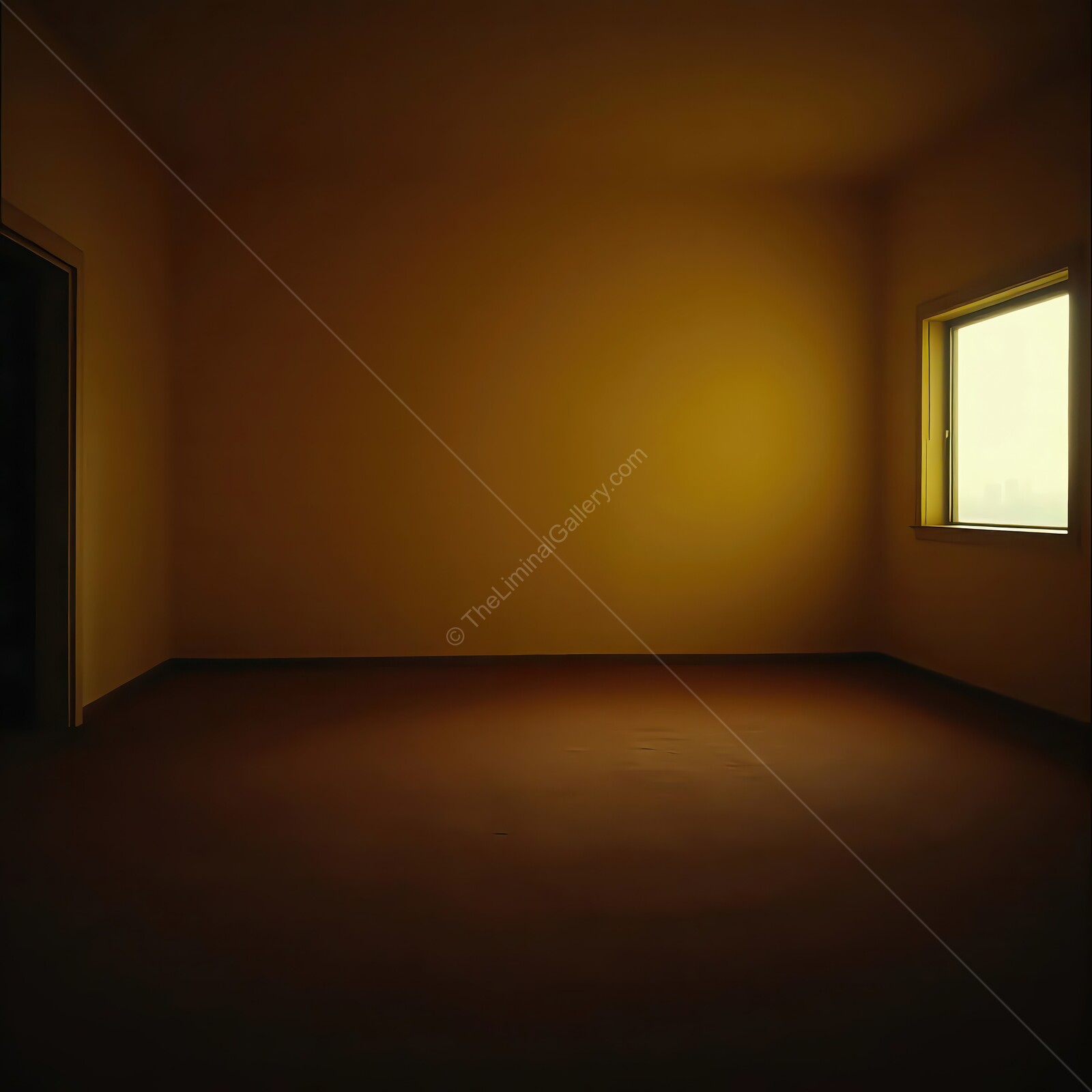 Empty liminal space illuminated by soft golden light in a vacant room