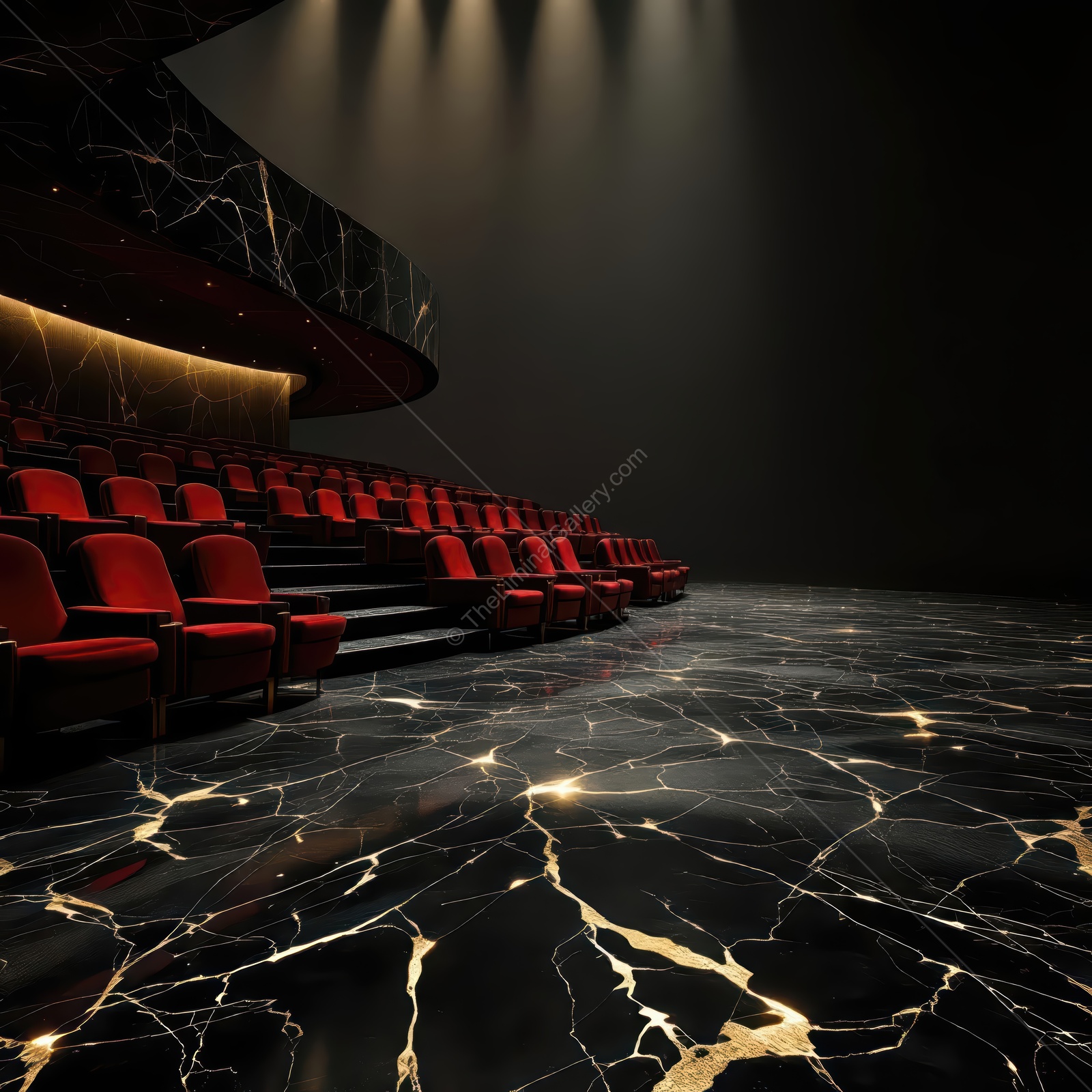 Empty theater with red seats and black marble floor inviting imagination in a liminal moment