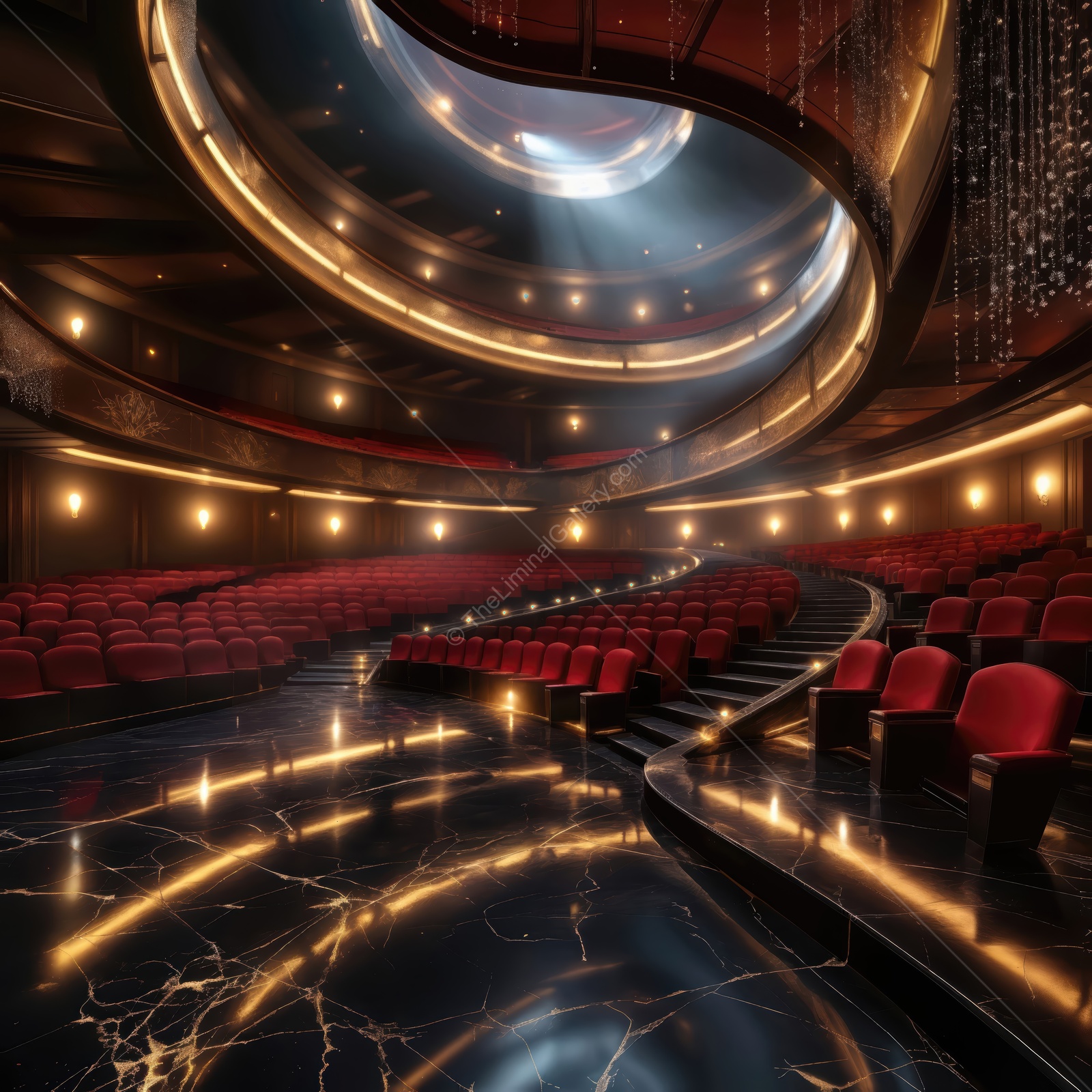 Experience the enchantment of an empty theater bathed in soft light
