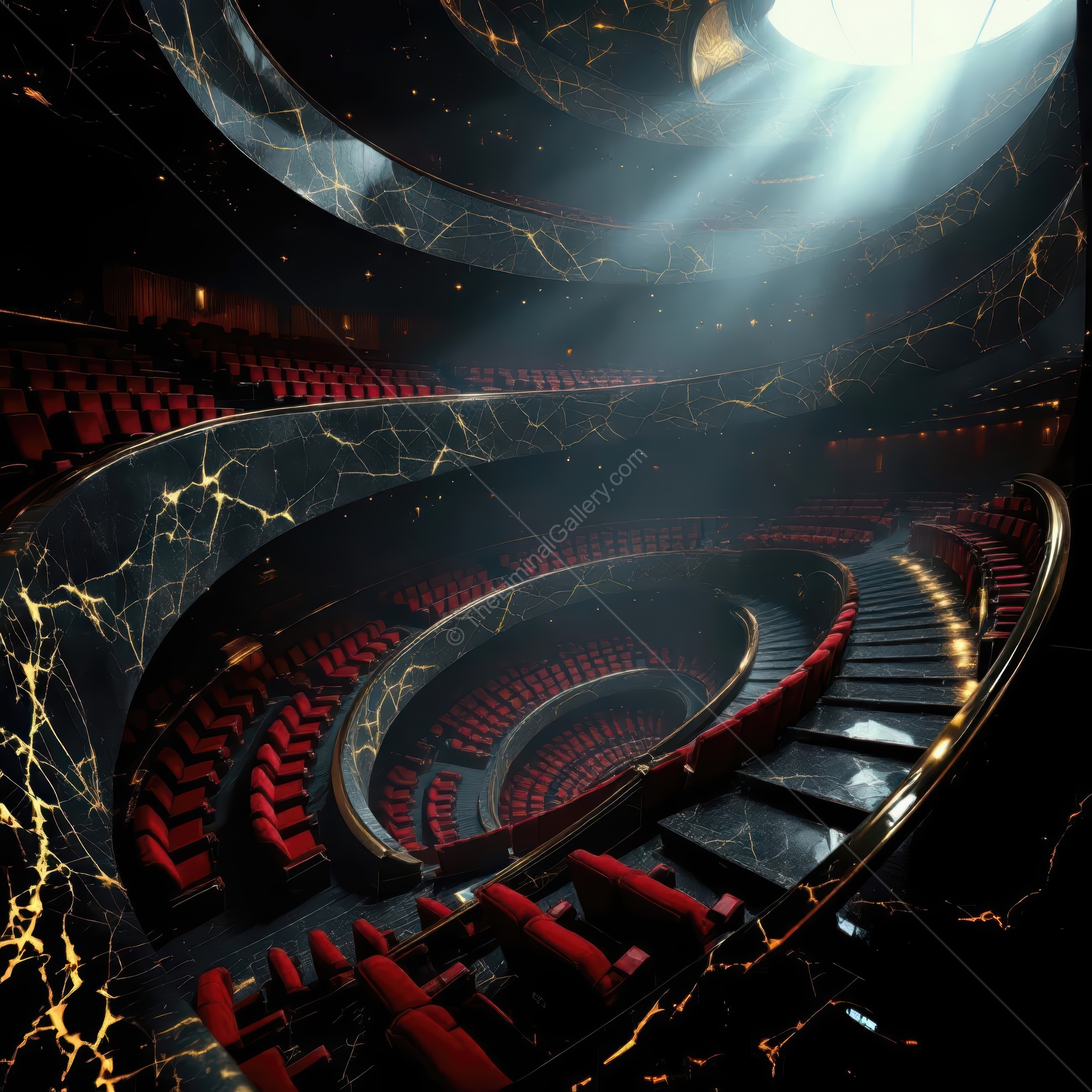 Echoes of silence in an empty theater illuminated by soft light