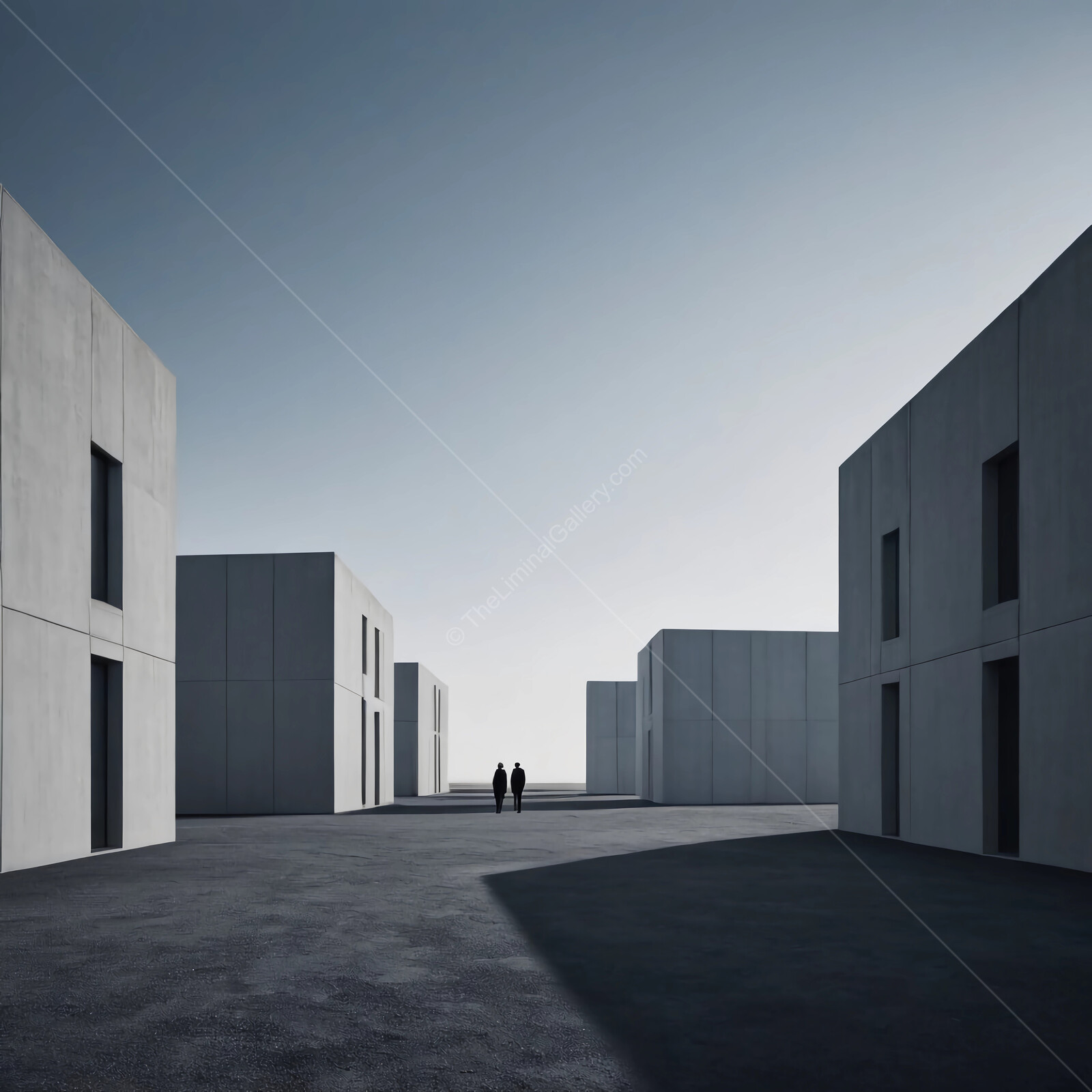 Empty urban landscape invites exploration as two figures walk towards the horizon in minimalistic setting