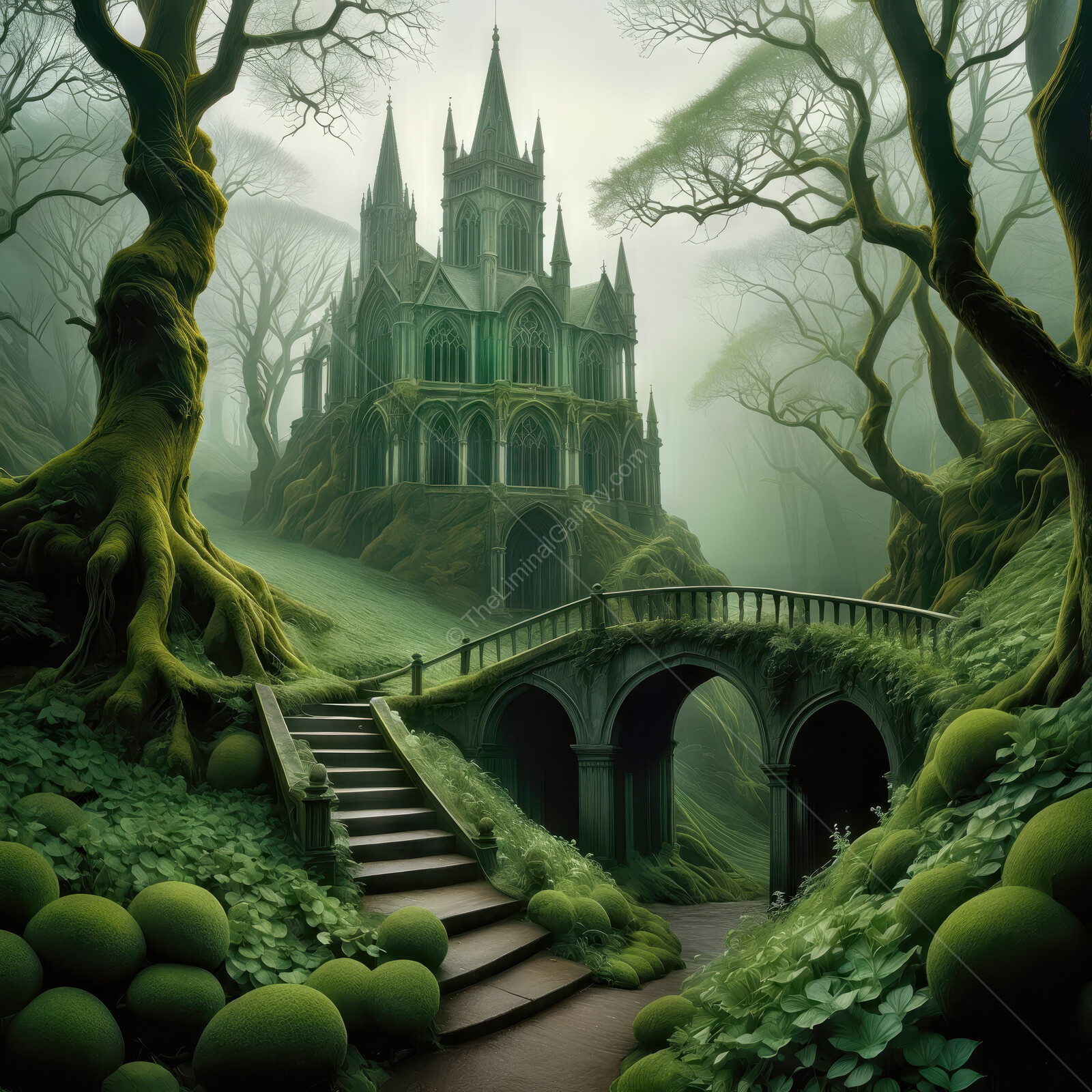 Enchanted castle nestled in a mystical forest illuminated by soft, ethereal light at twilight