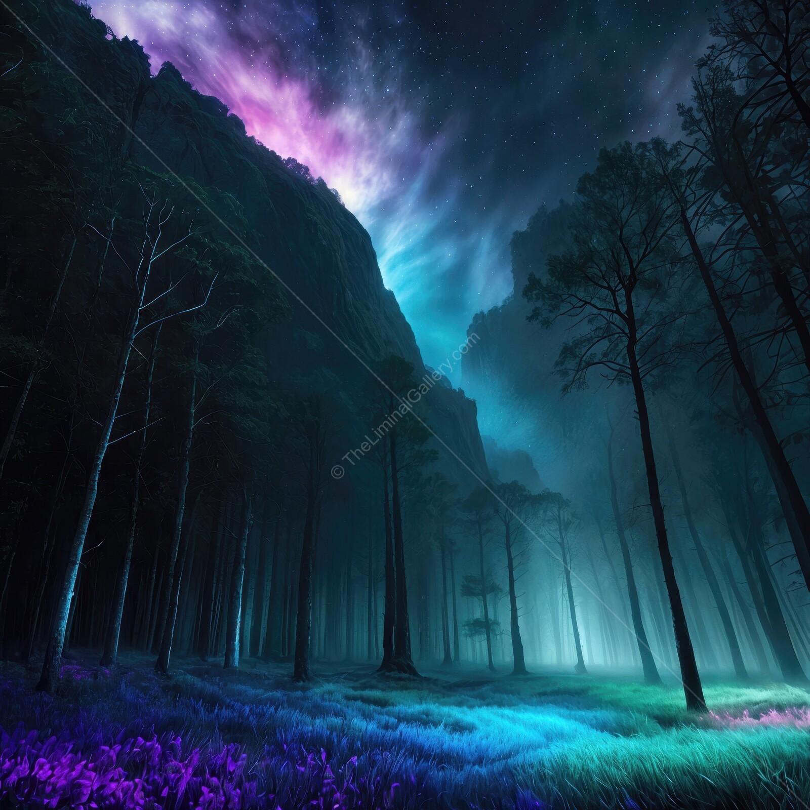 Enchanted forest glows under a vibrant cosmic sky at twilight in a serene mountain valley