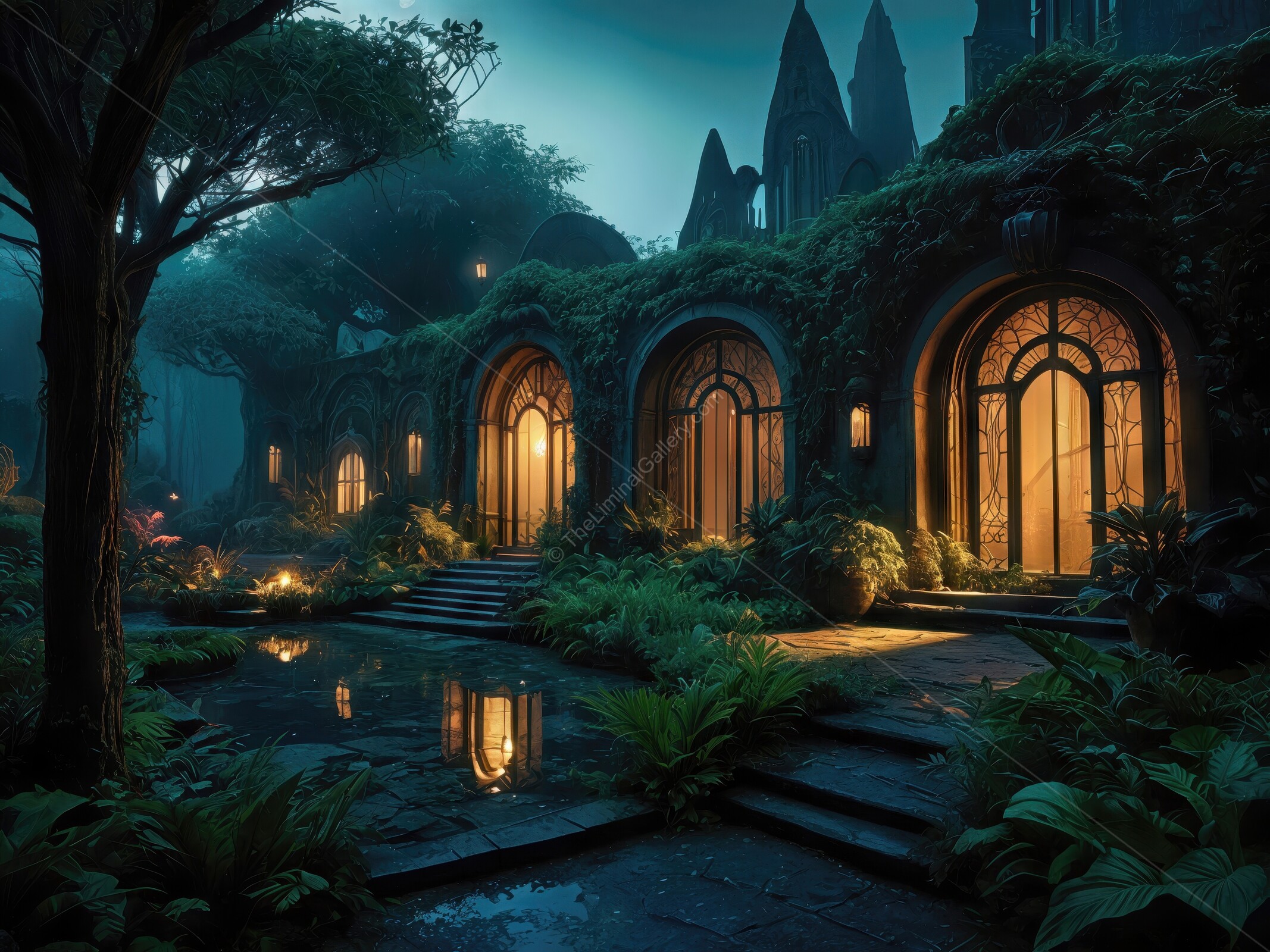 Enchanted ruins bathed in moonlight under a starry night sky in a magical forest