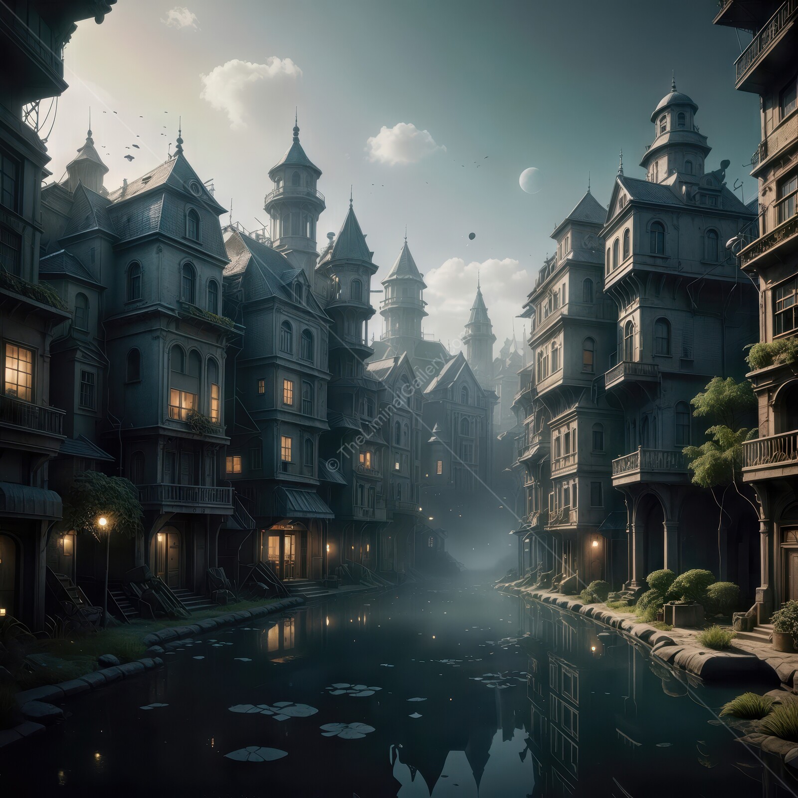 Enchanting twilight in a forgotten town of mystical towers and serene waters