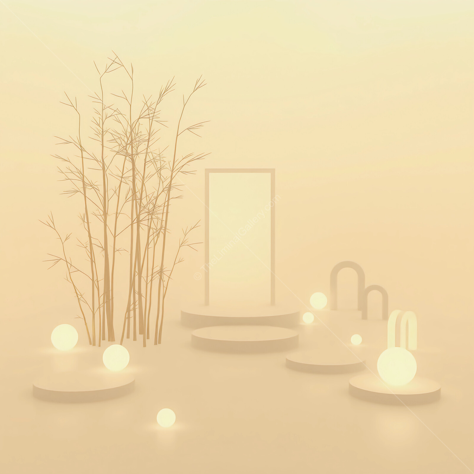 Enigmatic space with glowing orbs and minimalist architecture during golden hour