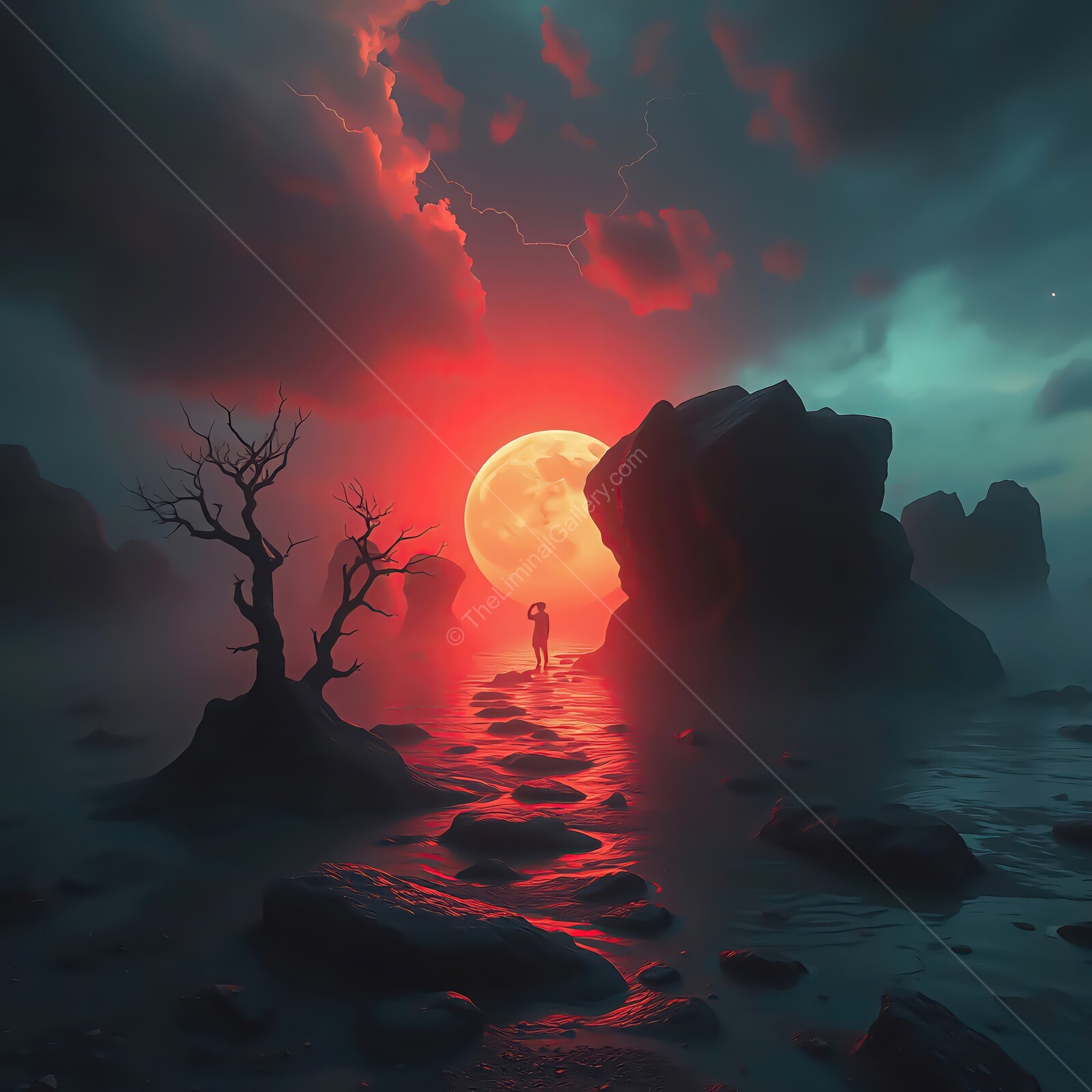 Enigmatic wanderer stands alone by the glowing moonrise in a mystical rocky landscape