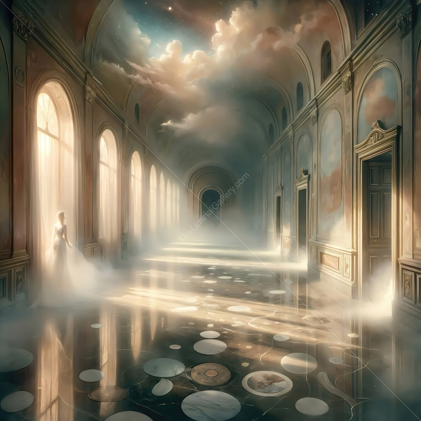 Mysterious woman in corridor filled with ethereal light and mesmerizing reflections at dawn