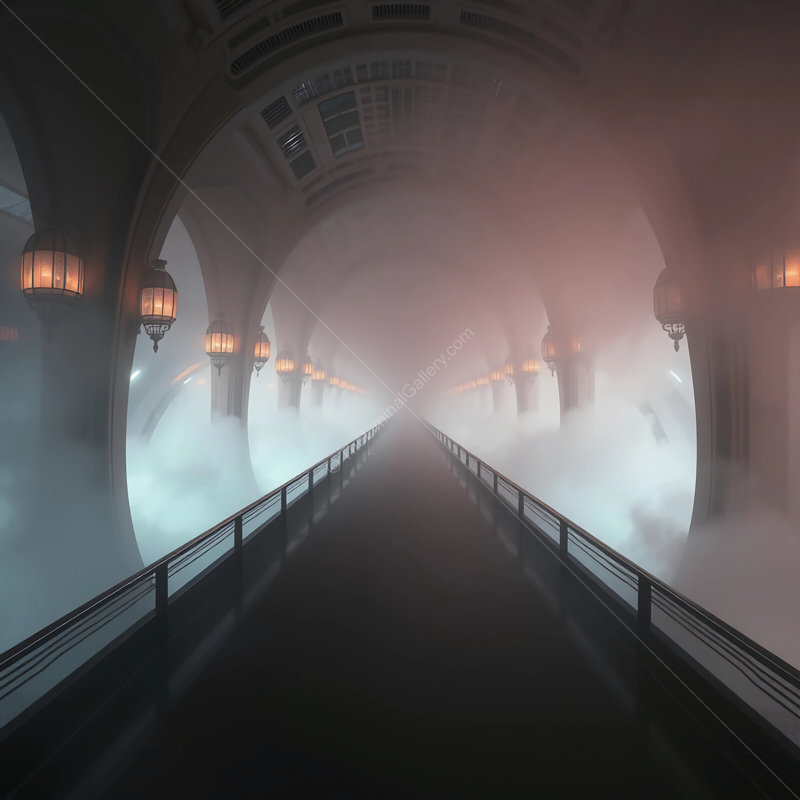Mysterious fog envelops an ethereal bridge in a surreal architectural setting at twilight