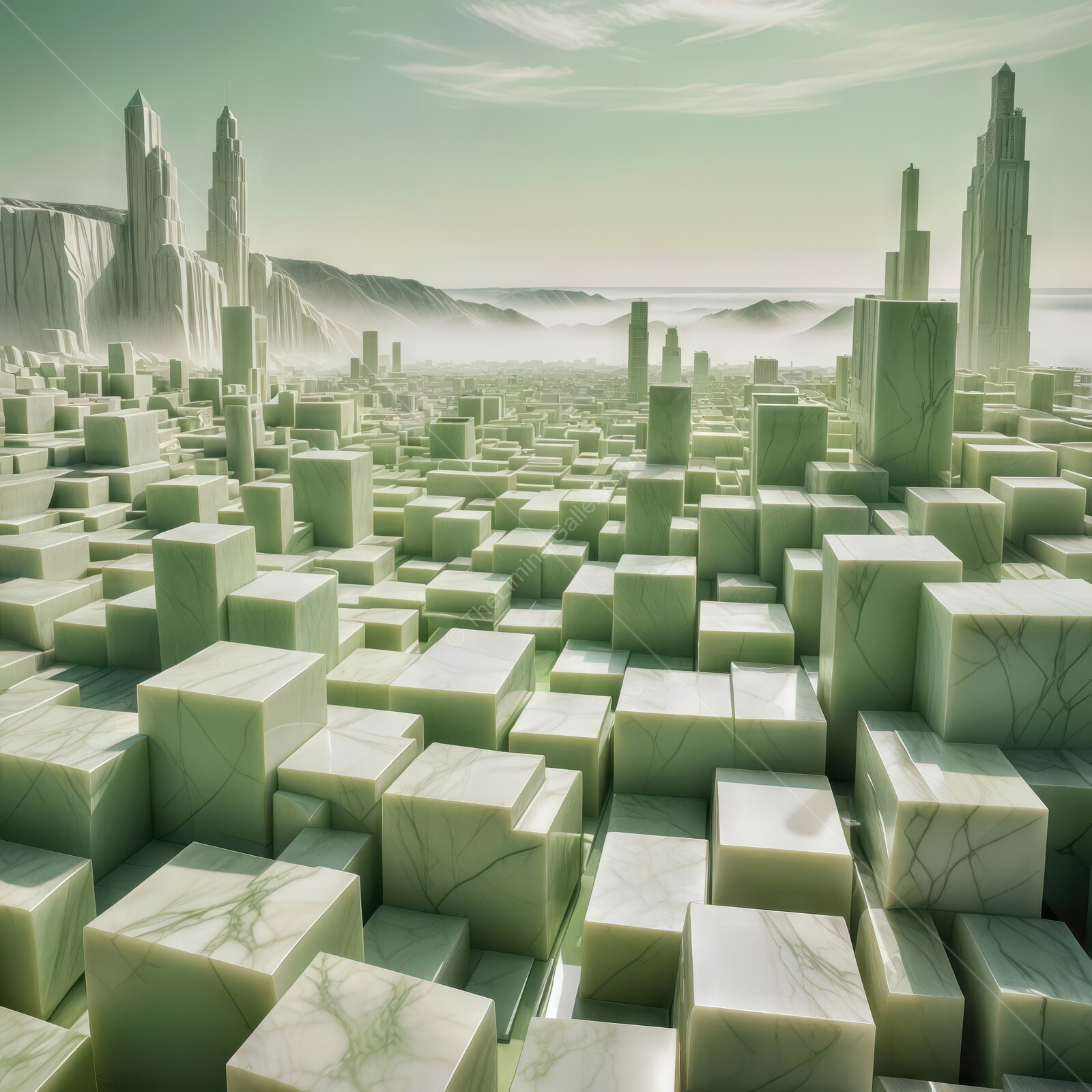 An ethereal green landscape of towering cubes and misty mountains at twilight