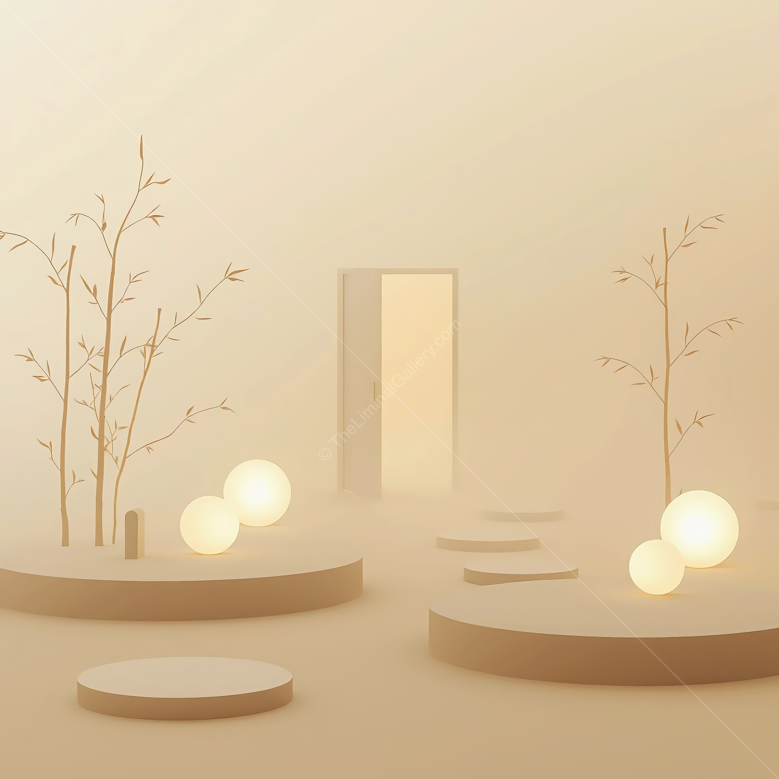 Ethereal pathways of light and tranquility guide you to a mysterious door in a serene landscape